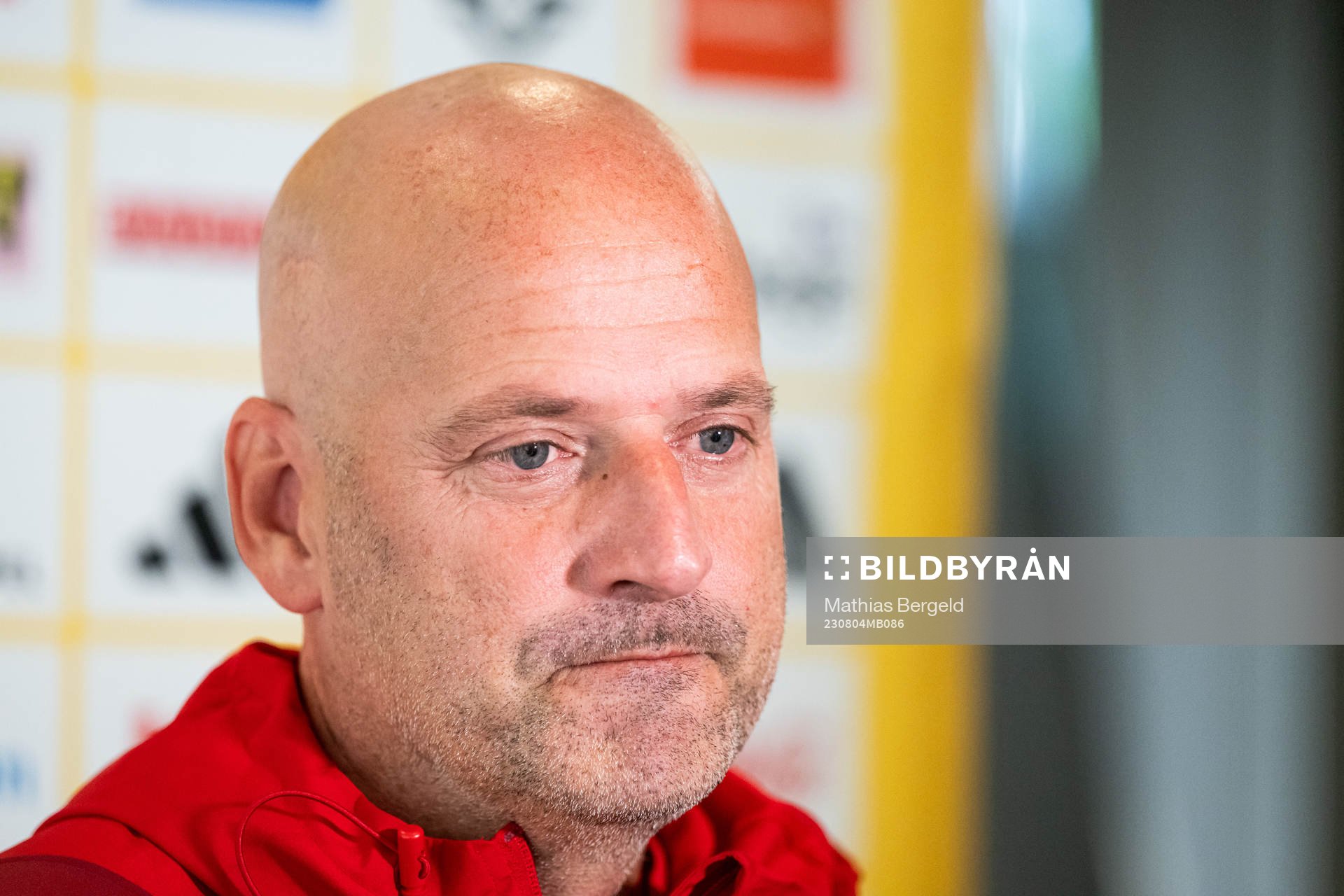 Assistant coach Magnus Wikman of the Swedish women's national football team is interviewed at a press event during the FIFA Women's World Cup on August 4, 2023 in Melbourne.