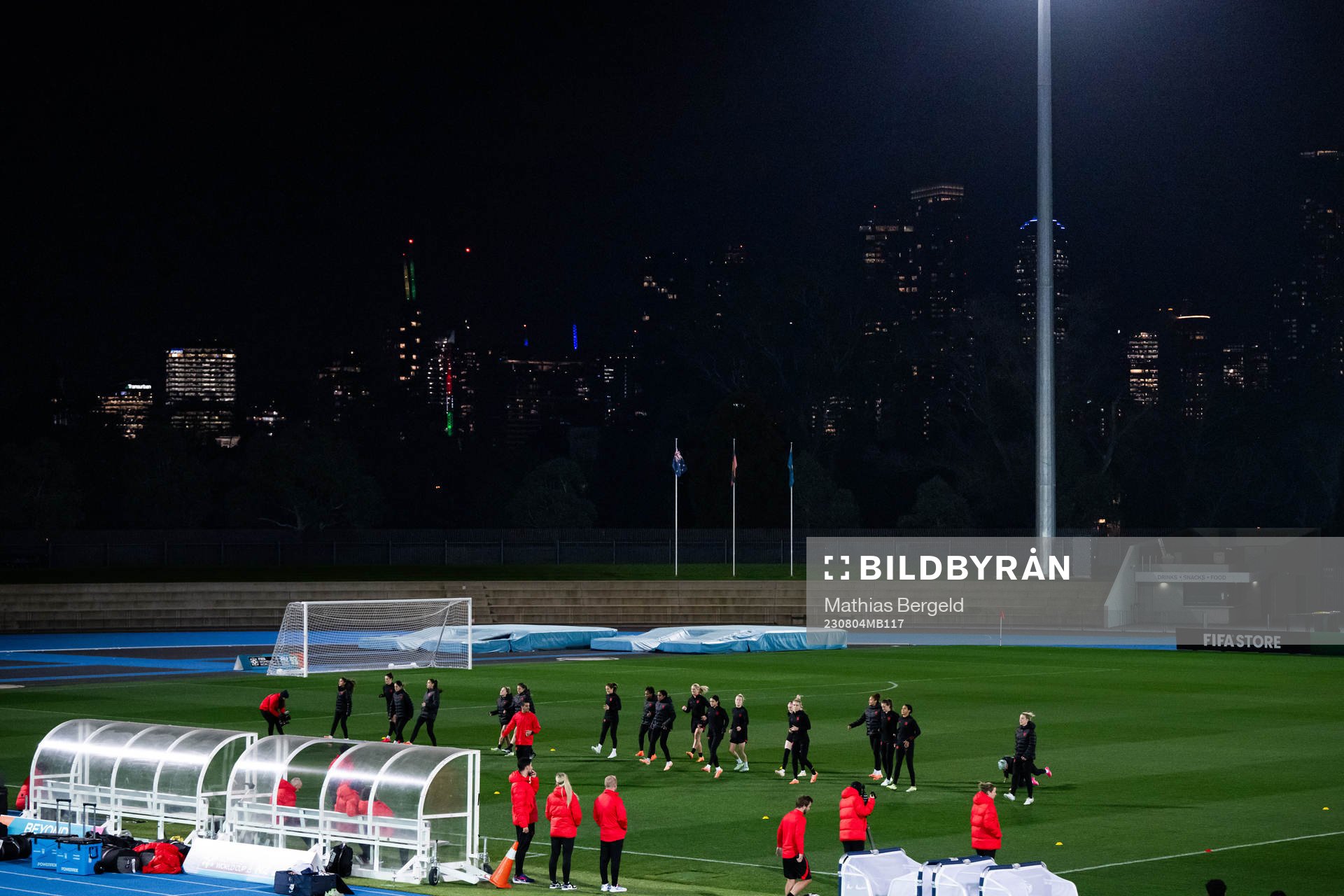 Players warm up at a training session with the women's