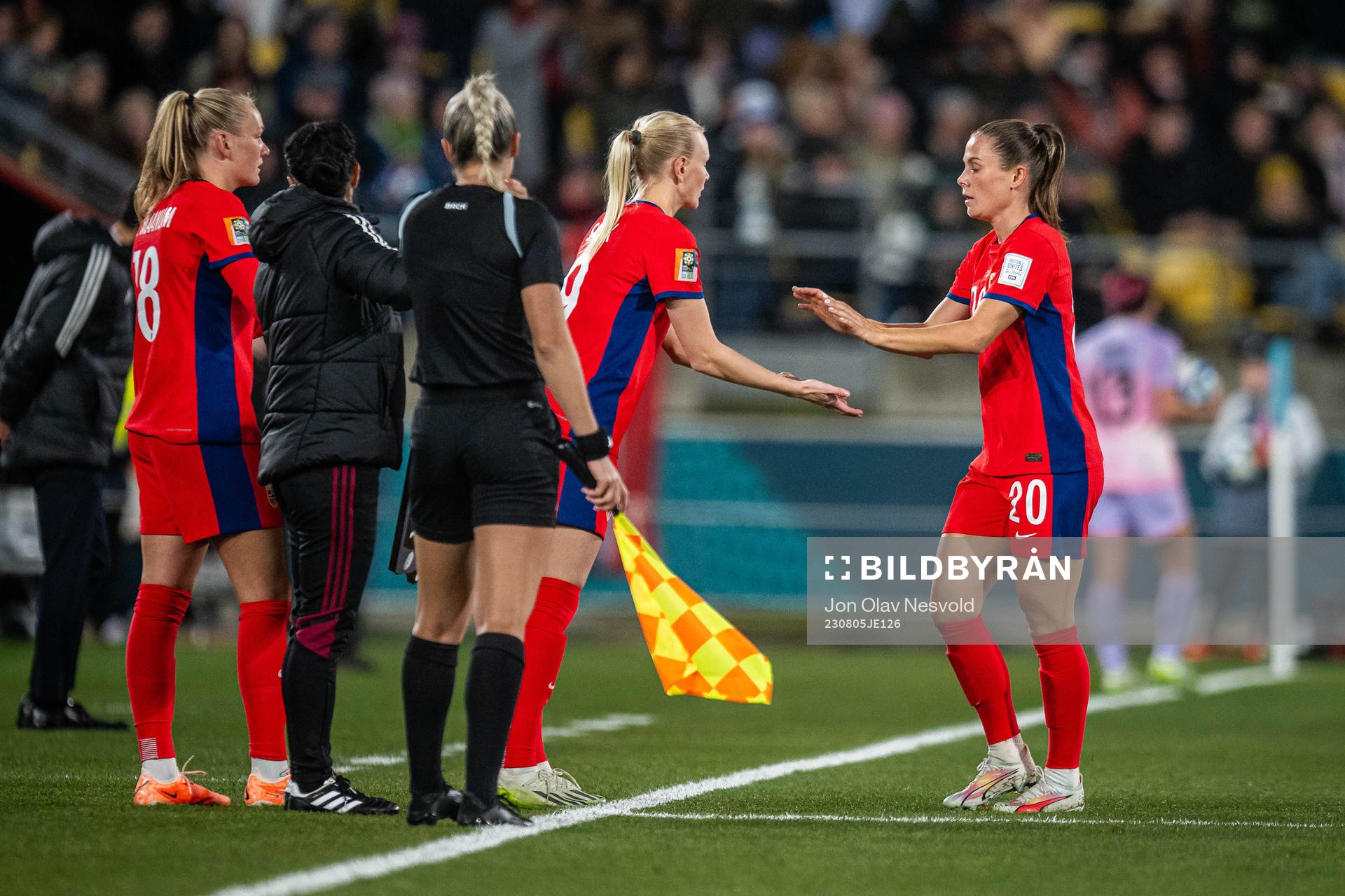 Karina Sævik and Emilie Bosshard Haavi of Norway during the FIFA Women's World Cup round of 16 match between Japan and Norway on August 5, 2023 in Wellington.