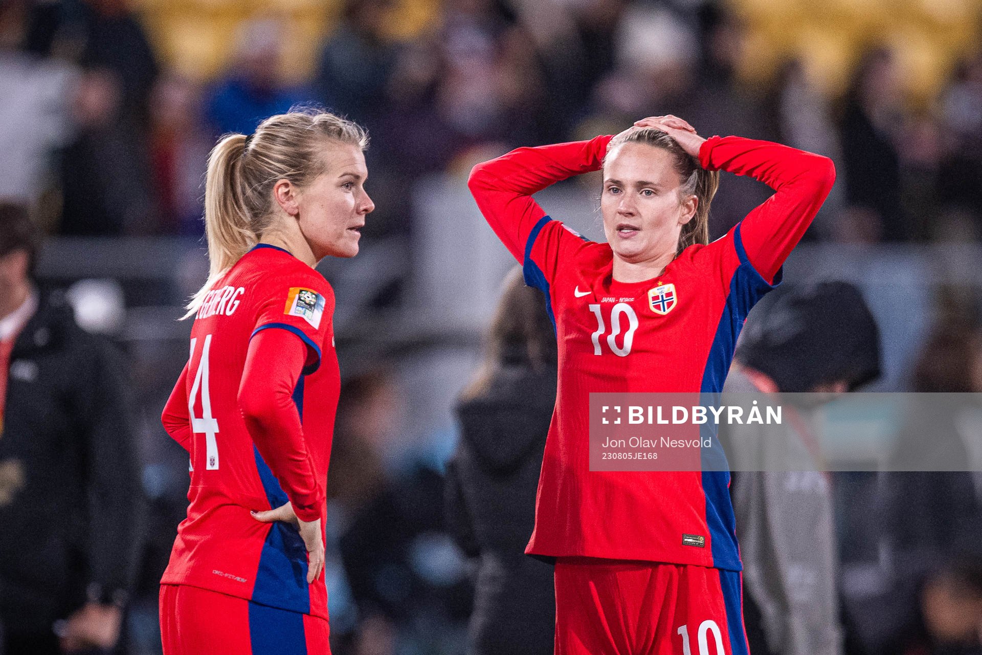 Ada Hegerberg and Caroline Graham Hansen of Norway look dejected after the FIFA Women's World Cup round of 16 match between Japan and Norway on August 5, 2023 in Wellington. 
