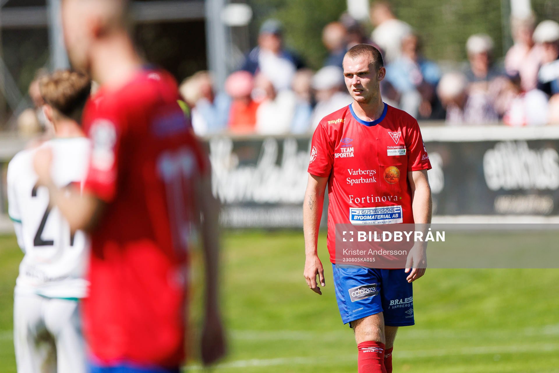 Tvååkers Nils Bertilsson under fotbollsmatchen i Ettan södra mellan Tvååker och BK Olympic den 5 augusti 2023 i Tvååker. 