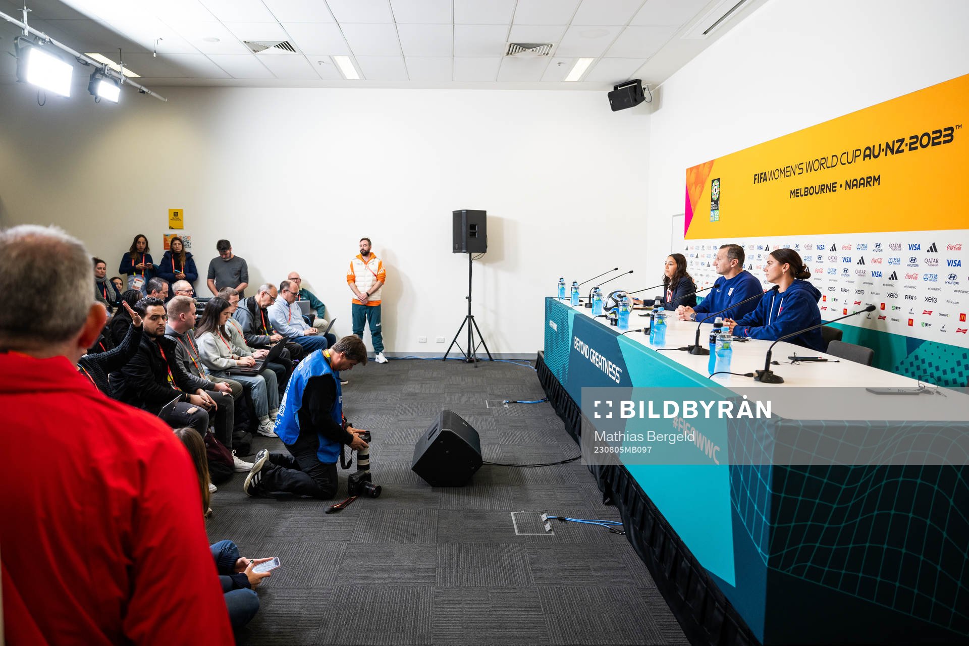 Head coach Vlatko Andonovski and Alex Morgan at a press conference with the women's national football team of USA during the FIFA Women's World Cup on August 5, 2023 in Melbourne.