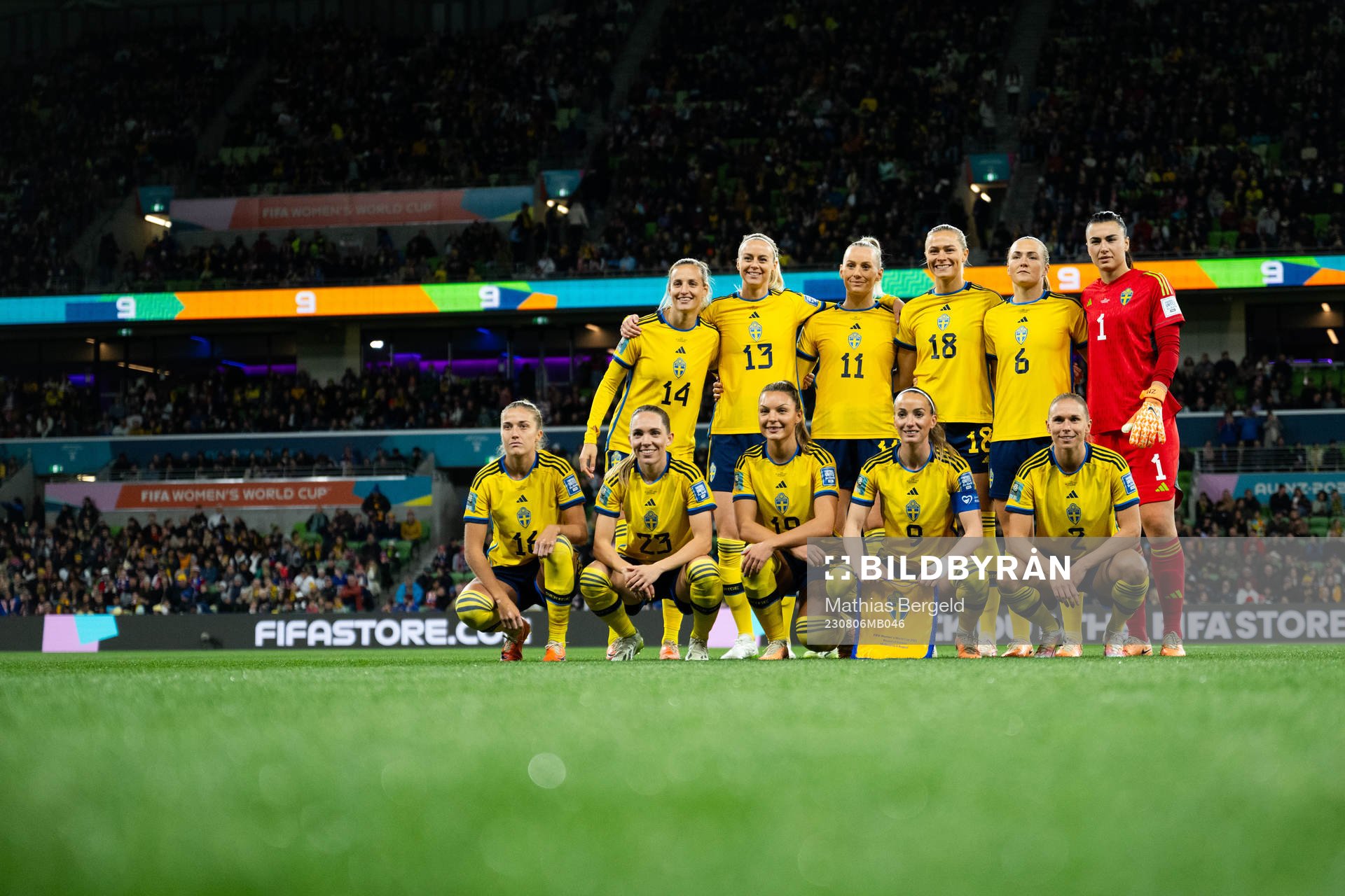 The starting eleven of Sweden ahead of the FIFA Women's World Cup round of 16 football match between Sweden and USA on August 6, 2023 in Melbourne. Top row: Nathalie Björn, Amanda Ilestedt, Stina Blackstenius, Fridolina Rolfö, Magdalena Eriksson and goalkeeper Zecira Musovic. Front row: Filippa Angeldahl, Elin Rubensson, Johanna Rytting Kaneryd, Kosovare Asllani and Jonna Andersson.