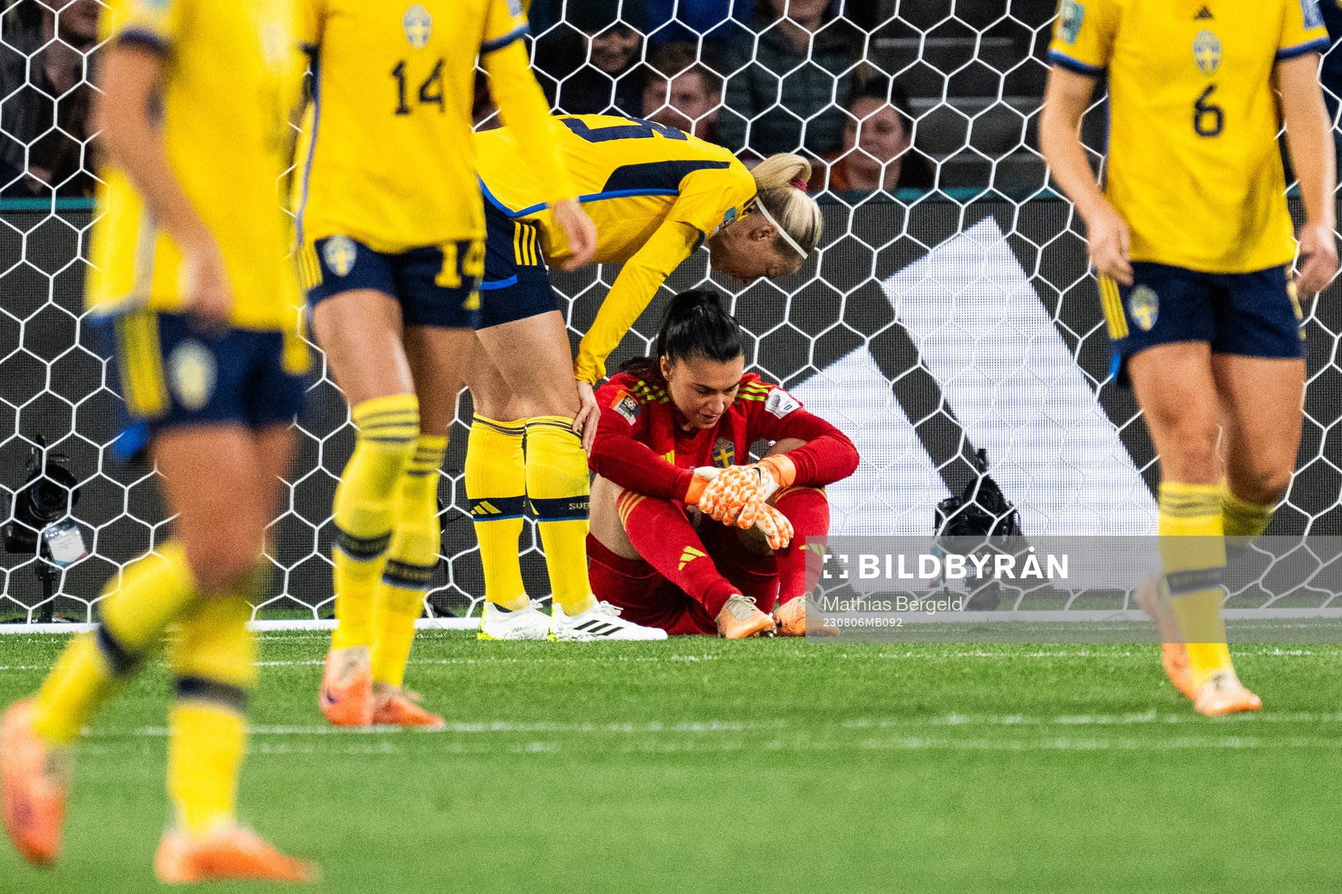 Amanda Ilestedt and goalkeeper Zecira Musovic of Sweden