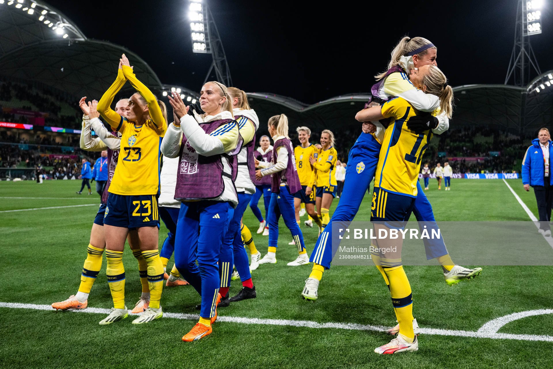 Olivia Schough and Fridolina Rolfö of Sweden celebrate after the FIFA Women's World Cup round of 16 football match between Sweden and USA on August 6, 2023 in Melbourne.