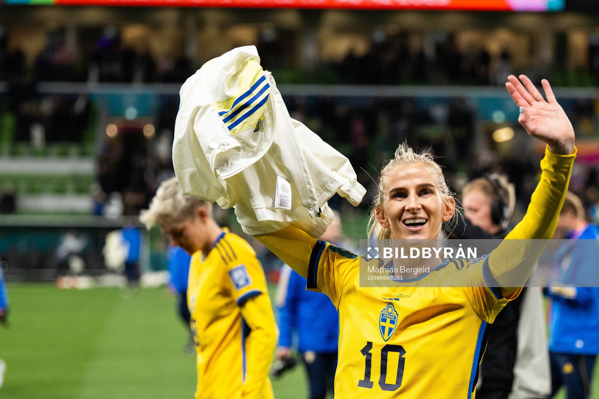 Sofia Jakobsson of Sweden celebrates after the FIFA Women's World Cup round of 16 football match between Sweden and USA on August 6, 2023 in Melbourne.