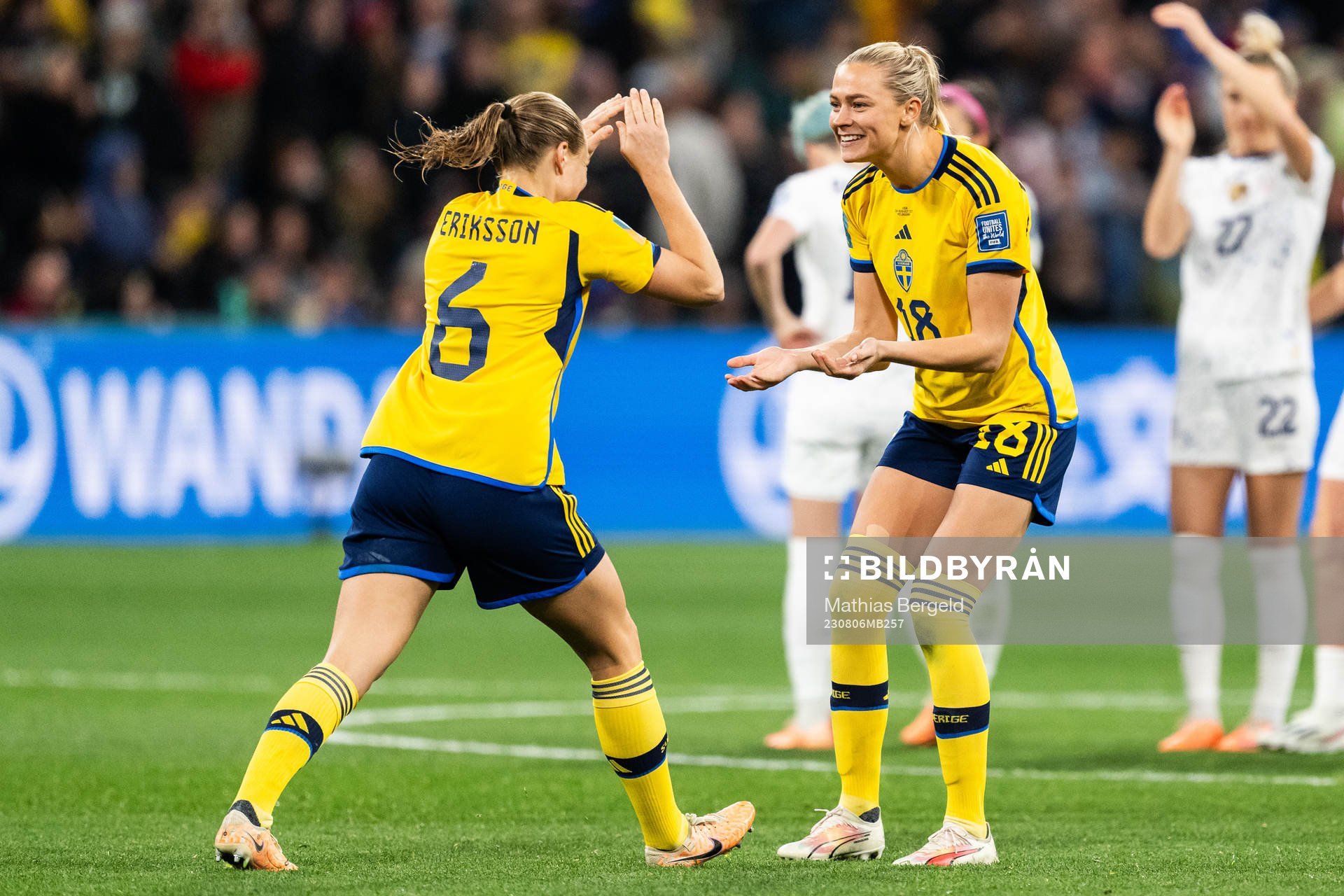 Magdalena Eriksson and Fridolina Rolfö of Sweden celebrate