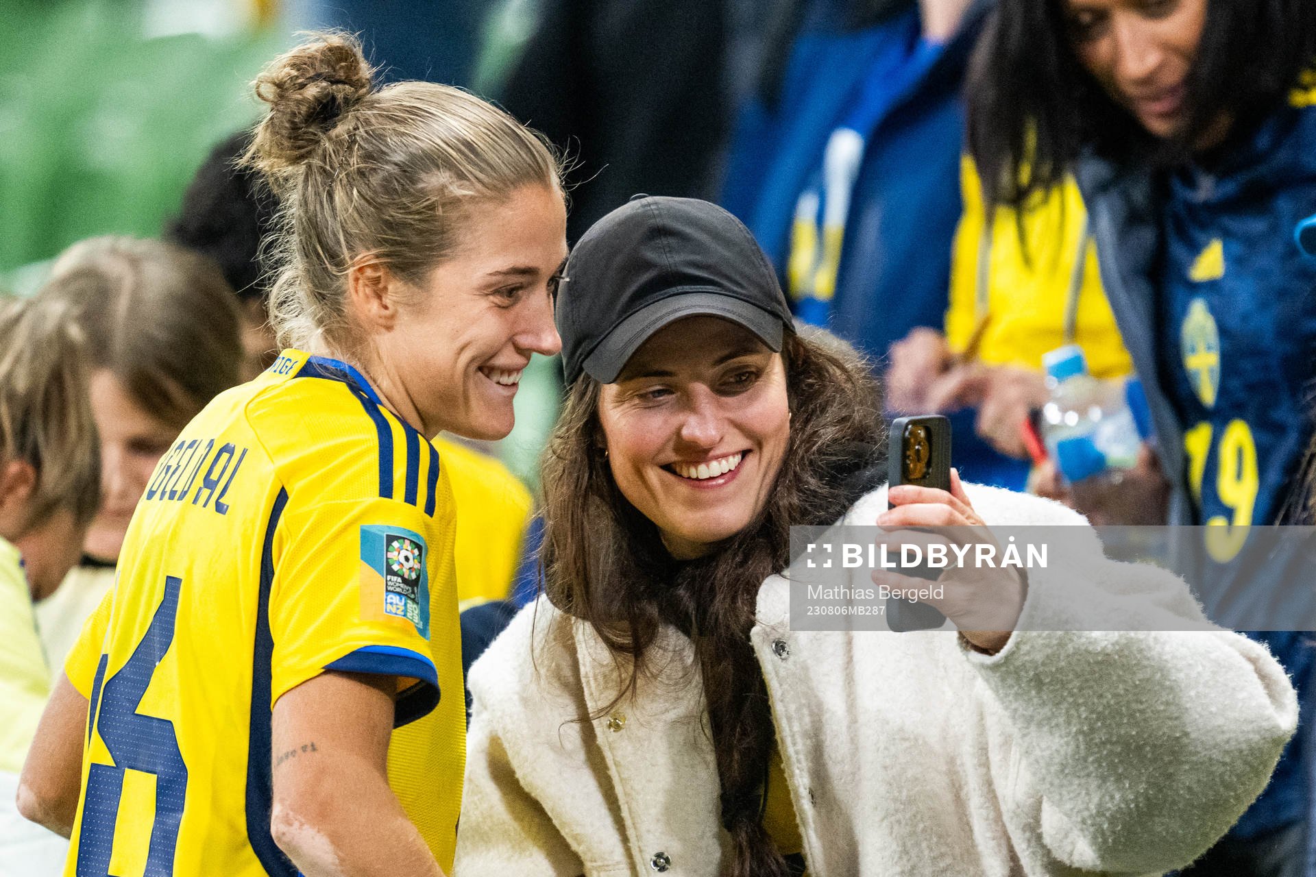 Filippa Angeldahl of Sweden looks at a phone