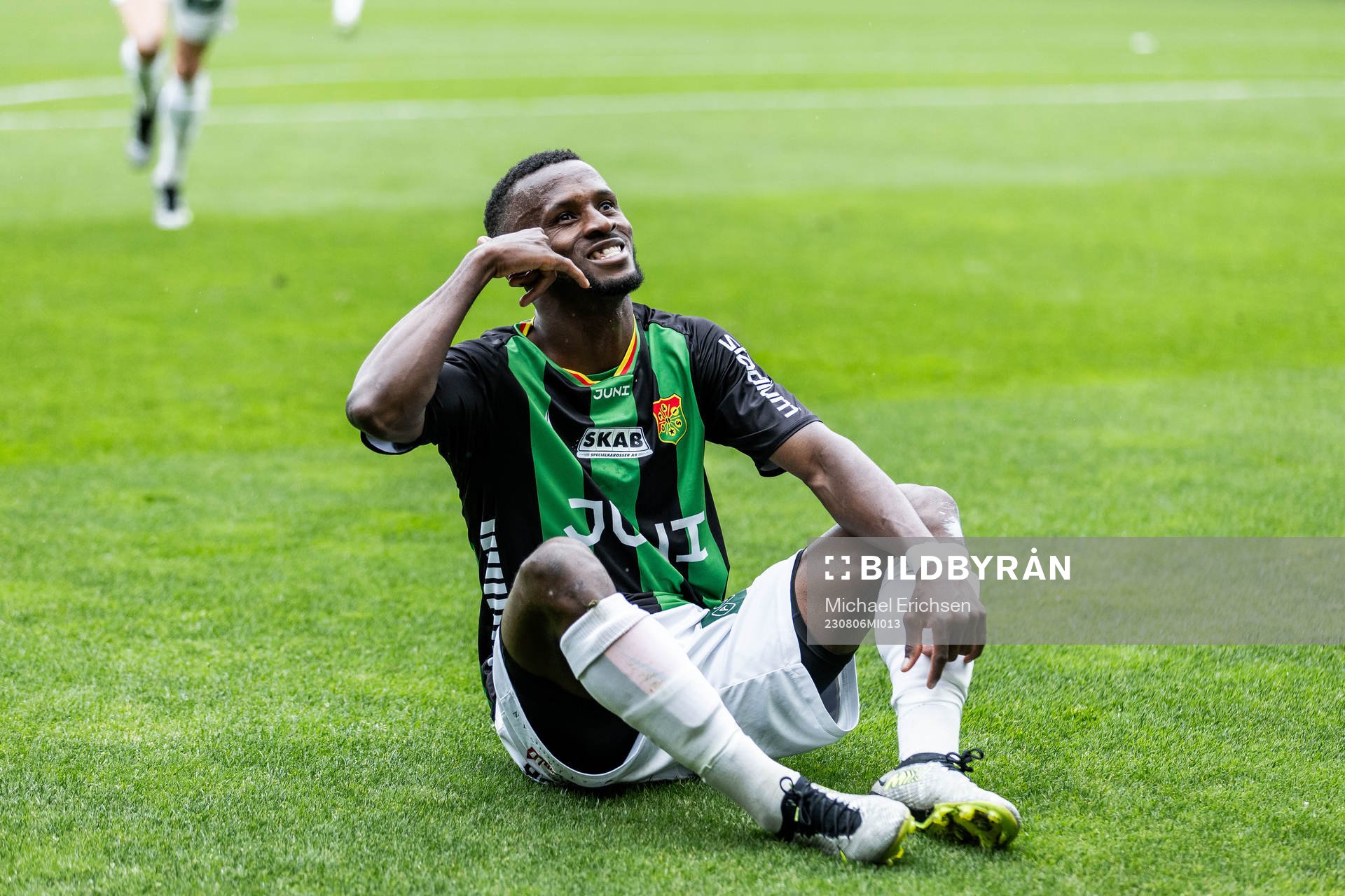 GAISs Richard Emeka Friday jublar efter 1-0 under fotbollsmatchen i Superettan mellan GAIS och GIF Sundsvall den 6 augusti 2023 i Göteborg.
