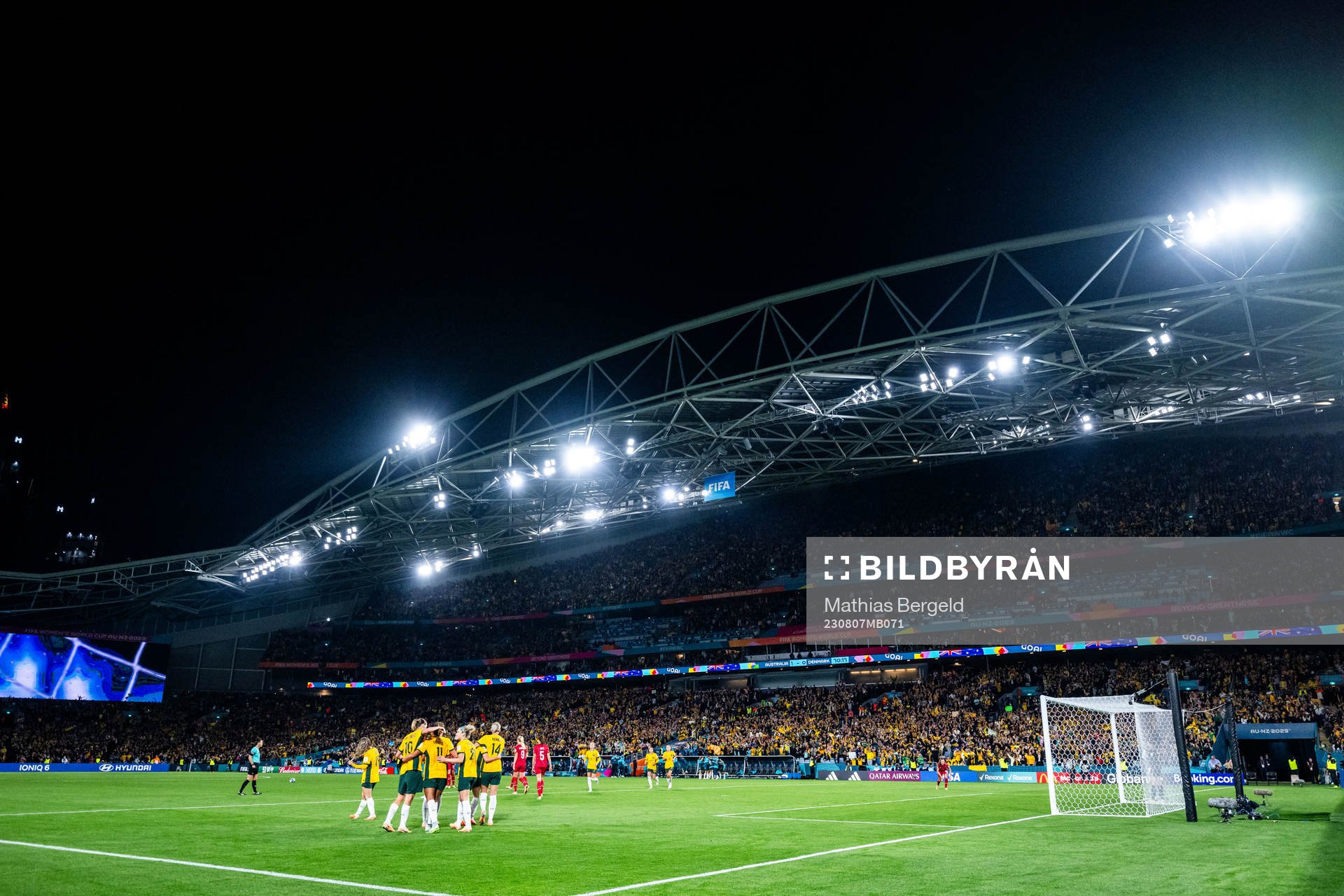 Players of Australia celebrates after Hayley Raso scored 2-0 during the FIFA Women's World Cup round of 16 football match match between Australia and Denmark on August 7, 2023 in Sydney.