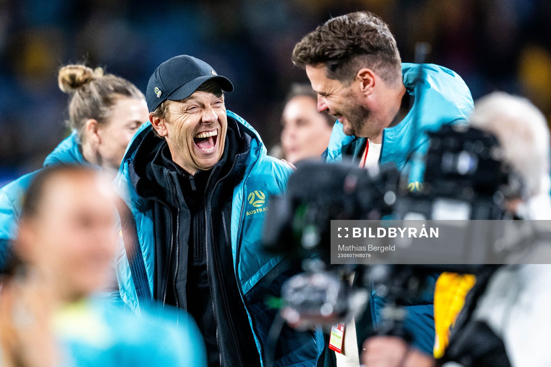 Head coach Tony Gustavsson of Australia celebrates after the FIFA Women's World Cup round of 16 football match match between Australia and Denmark on August 7, 2023 in Sydney.