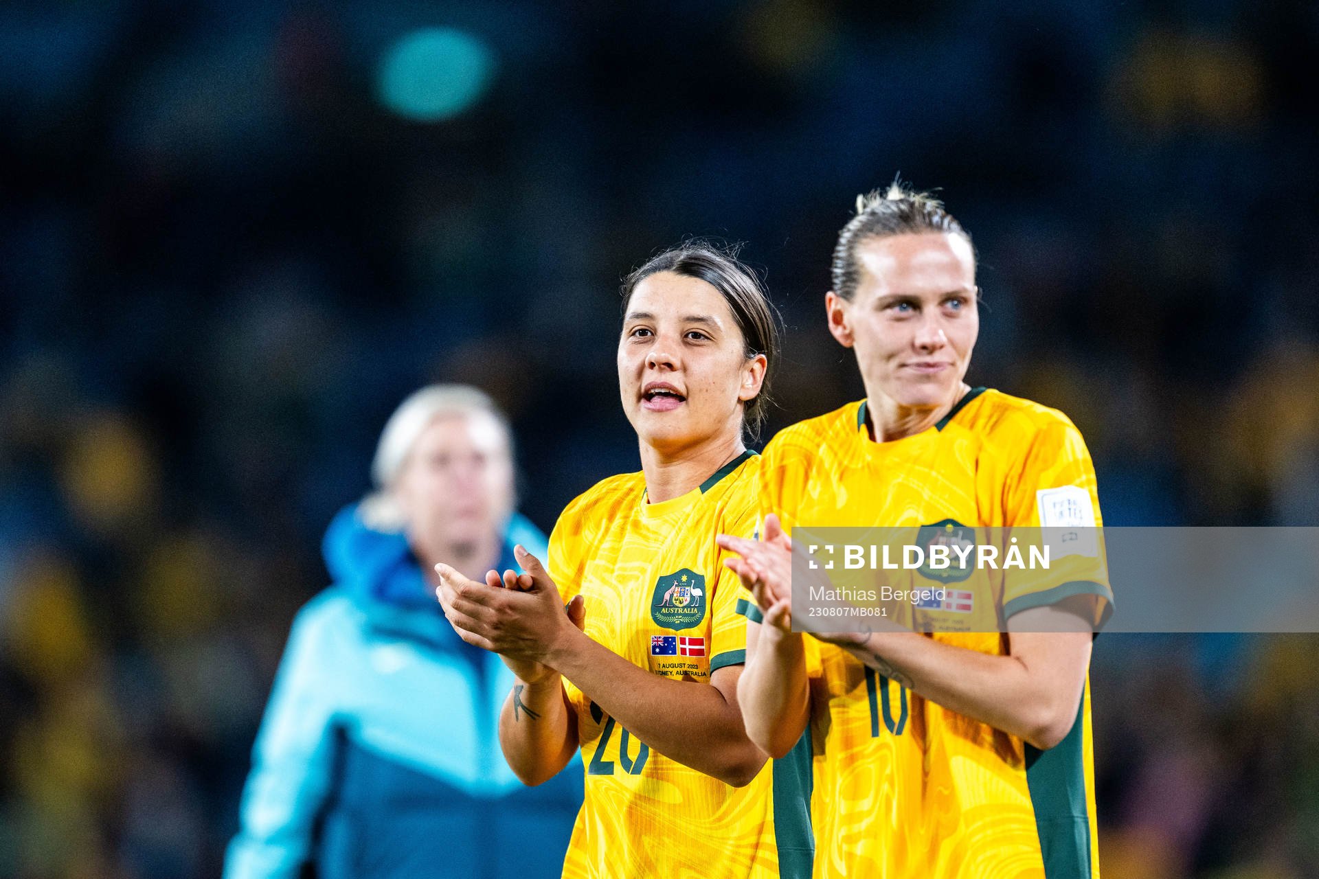Sam Kerr and Emily van Egmond of Australia celebrate after the FIFA Women's World Cup round of 16 football match match between Australia and Denmark on August 7, 2023 in Sydney.