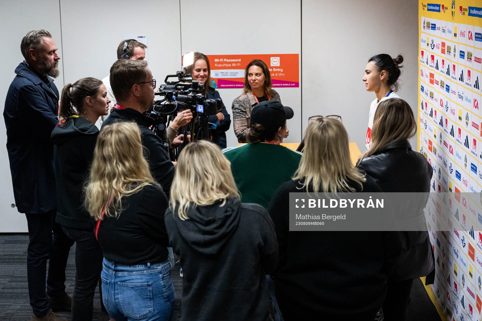 Goalkeeper Zecira Musovic of the Swedish women's national football team is interviewed at a press event during the FIFA Women's World Cup on August 9, 2023 in Auckland.