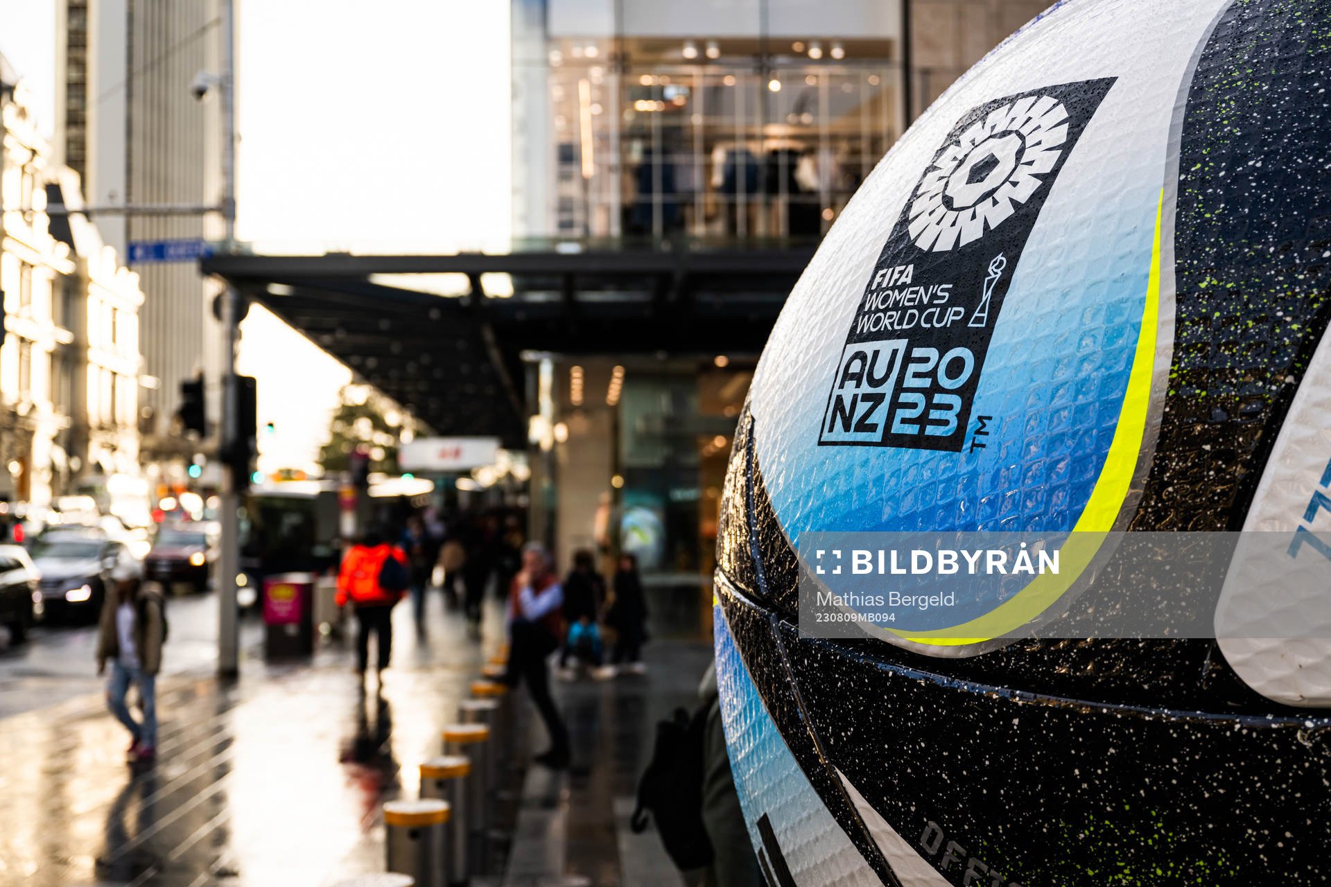 The logo of the FIFA Women's World Cup on a replica of the official match ball displayed in the city during on August 9, 2023 in Auckland. 