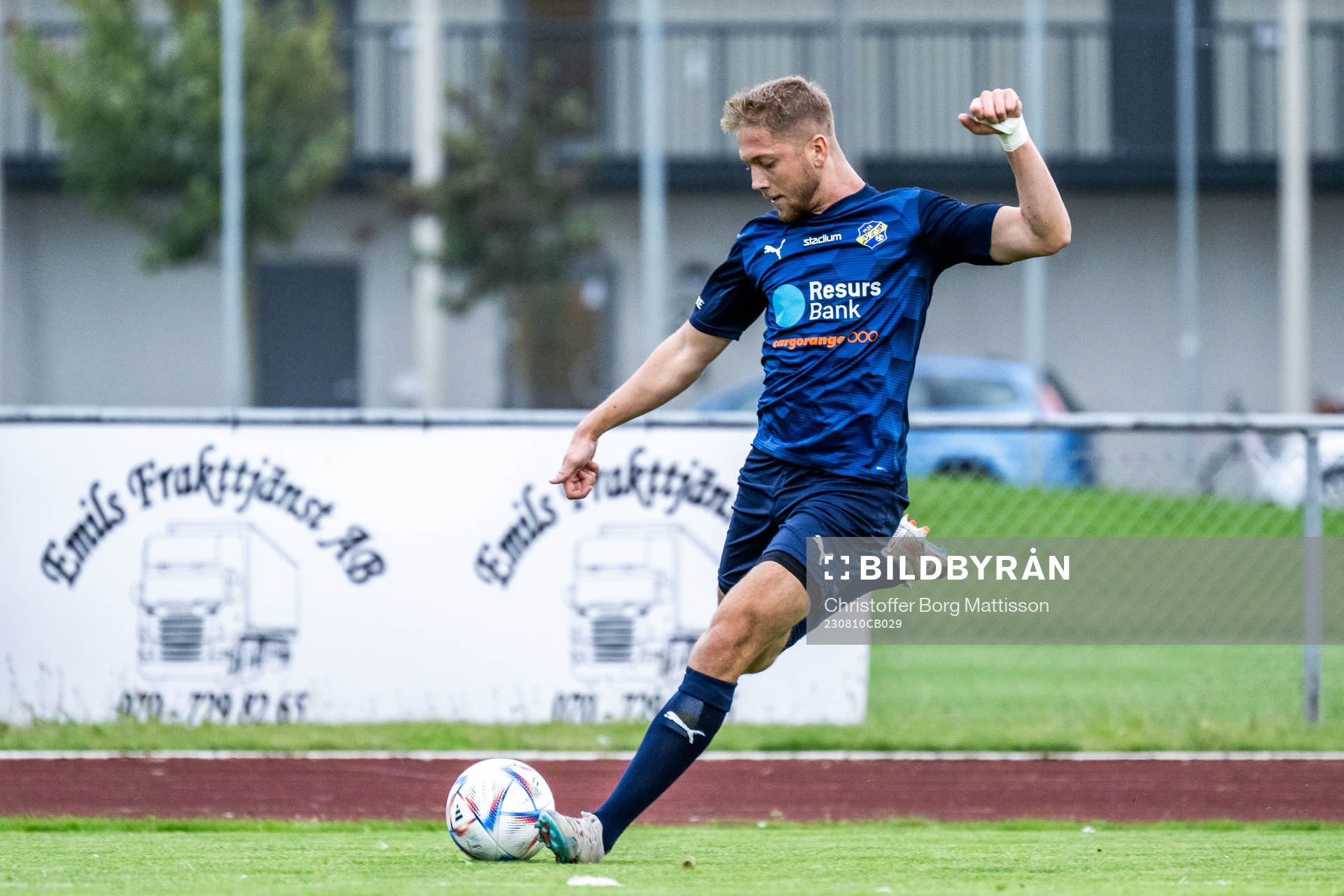 Eskilsminne IFs Danijal Omanovic under fotbollsmatchen i Division 1 Södra mellan Ängelholm och Eskilsminne IF den 10 augusti 2023 i Ängelholm.