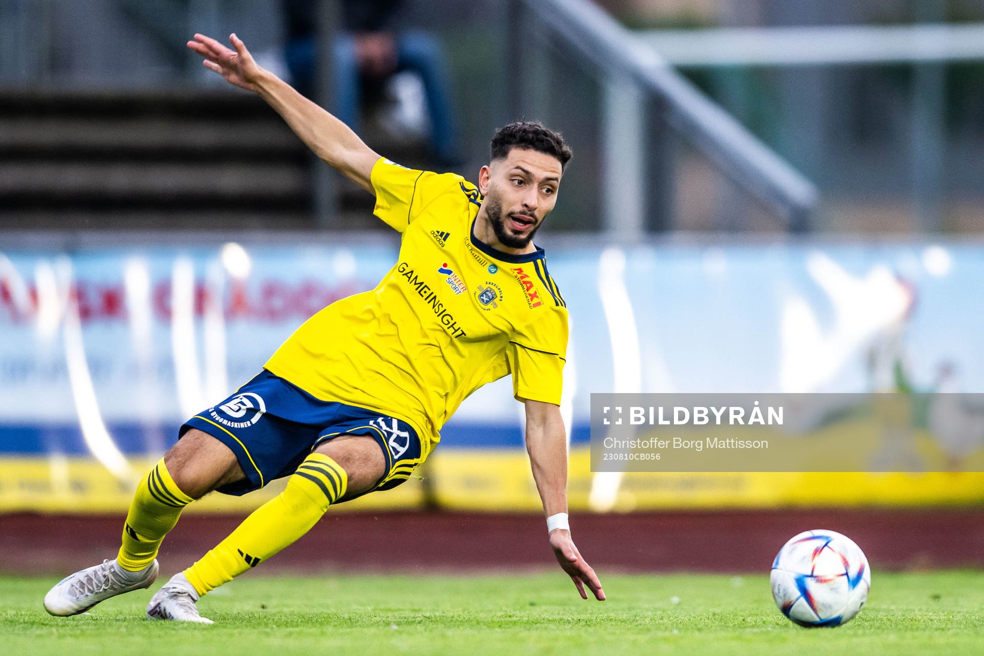 Ängelholms Oussama Djafer-Bey under fotbollsmatchen i Division 1 Södra mellan Ängelholm och Eskilsminne IF den 10 augusti 2023 i Ängelholm.