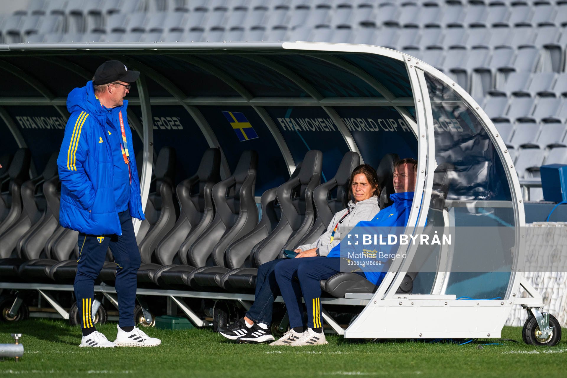 Goalkeeper coach Leif Troedsson and head coach Peter Gerhardsson of the Swedish women's national football team at a pitch familiarization during the FIFA Women's World Cup on August 10, 2023 in Auckland.