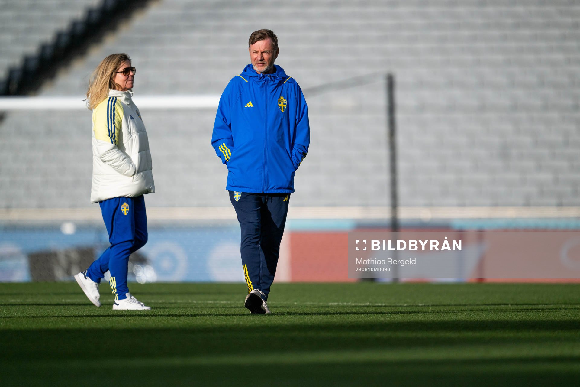 Team Manager Marika Domanski Lyfors and head coach Peter Gerhardsson of the Swedish women's national football team at a pitch familiarization during the FIFA Women's World Cup on August 10, 2023 in Auckland.