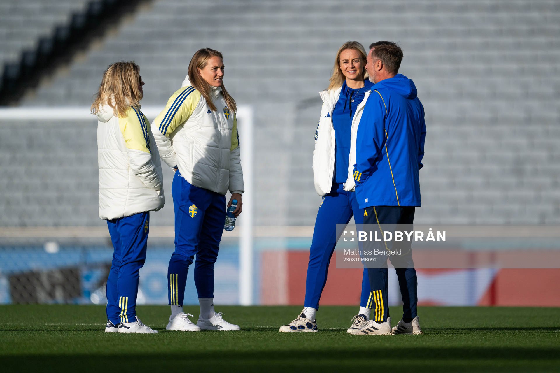 Team Manager Marika Domanski Lyfors, Magdalena Eriksson, Amanda Ilestedt and head coach Peter Gerhardsson of the Swedish women's national football team at a pitch familiarization during the FIFA Women's World Cup on August 10, 2023 in Auckland.