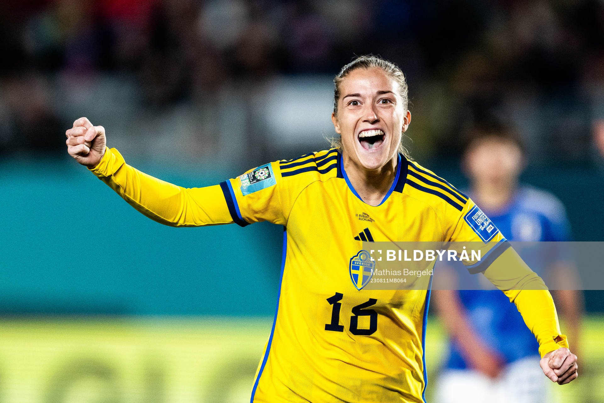 Filippa Angeldahl of Sweden celebrates after scoring 0-2 during the FIFA Women's World Cup quarterfinal between Japan and Sweden on August 11, 2023 in Auckland.