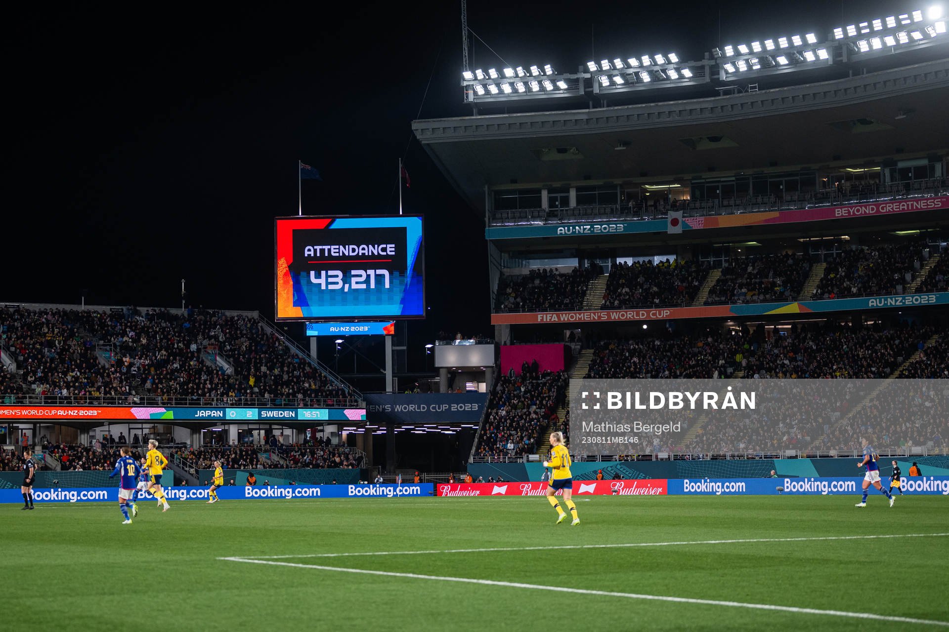 A screen shows the attendance of 43 217