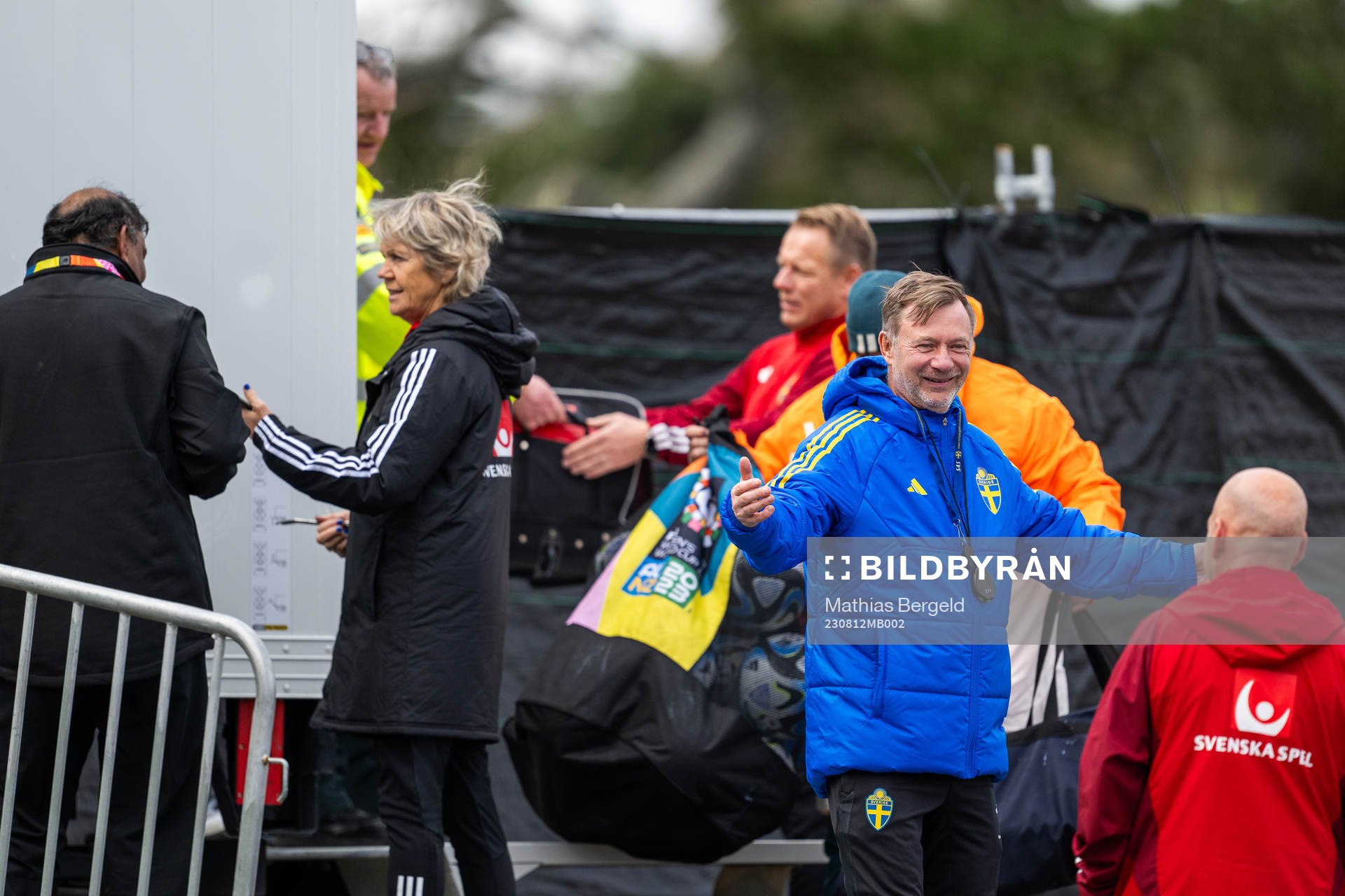 Head coach Peter Gerhardsson after the problem with the kit truck of the Swedish women's national football team was resolved at a training session during the FIFA Women's World Cup on August 12, 2023 in Auckland.