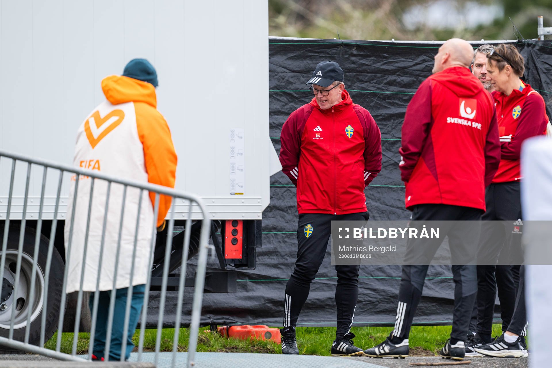 goalkeeper coach Leif Troedsson watches the kit truck of