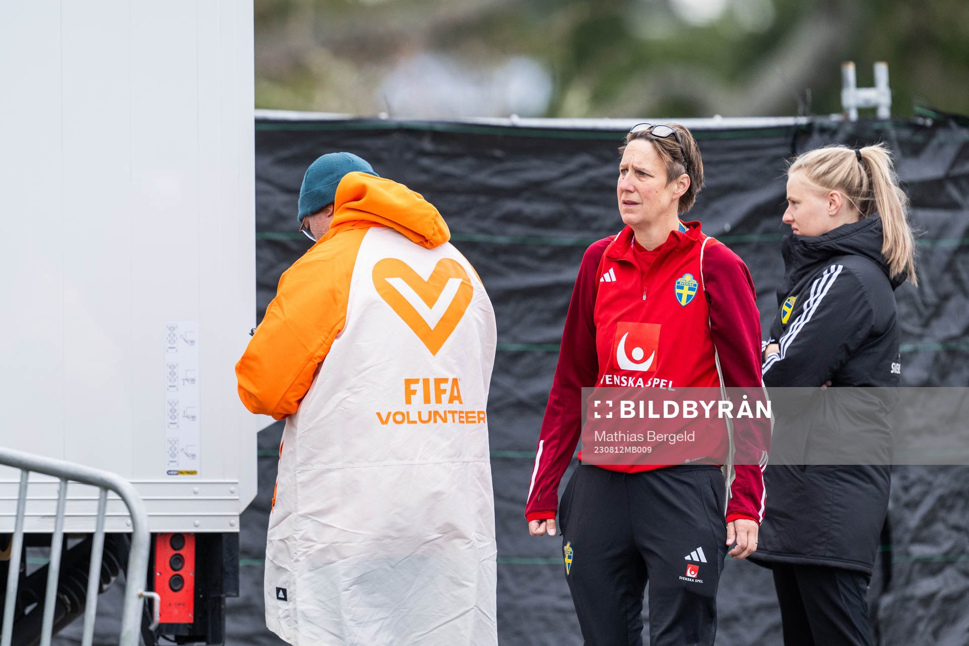 Equipment manager Jessica Karlsson watches the kit truck of
