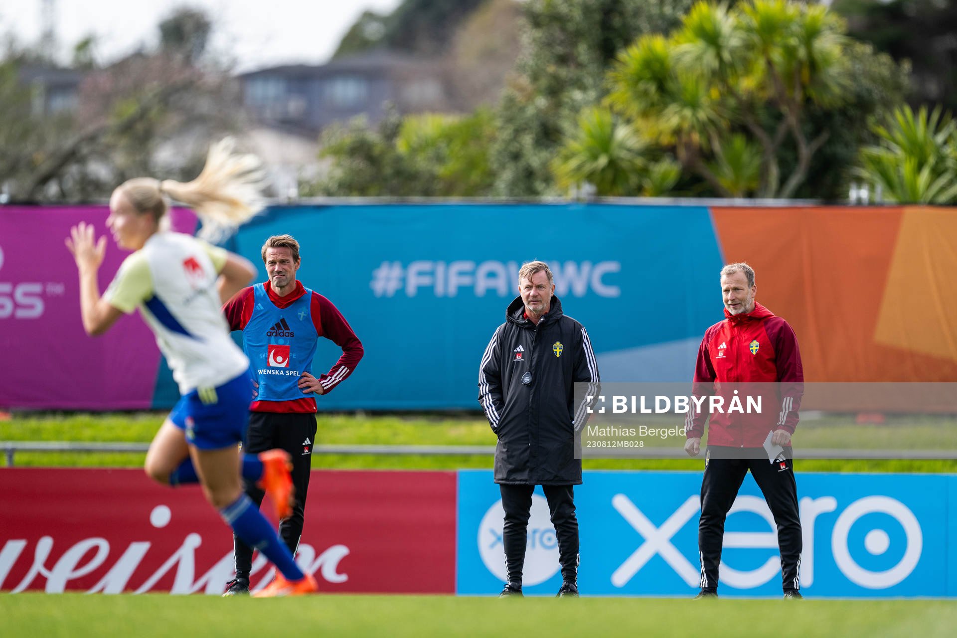 Coordinator Magnus Andersson, head coach Peter Gerhardsson and performance manager Pontus Ekblom of the Swedish women's national football team at a training session during the FIFA Women's World Cup on August 12, 2023 in Auckland. 