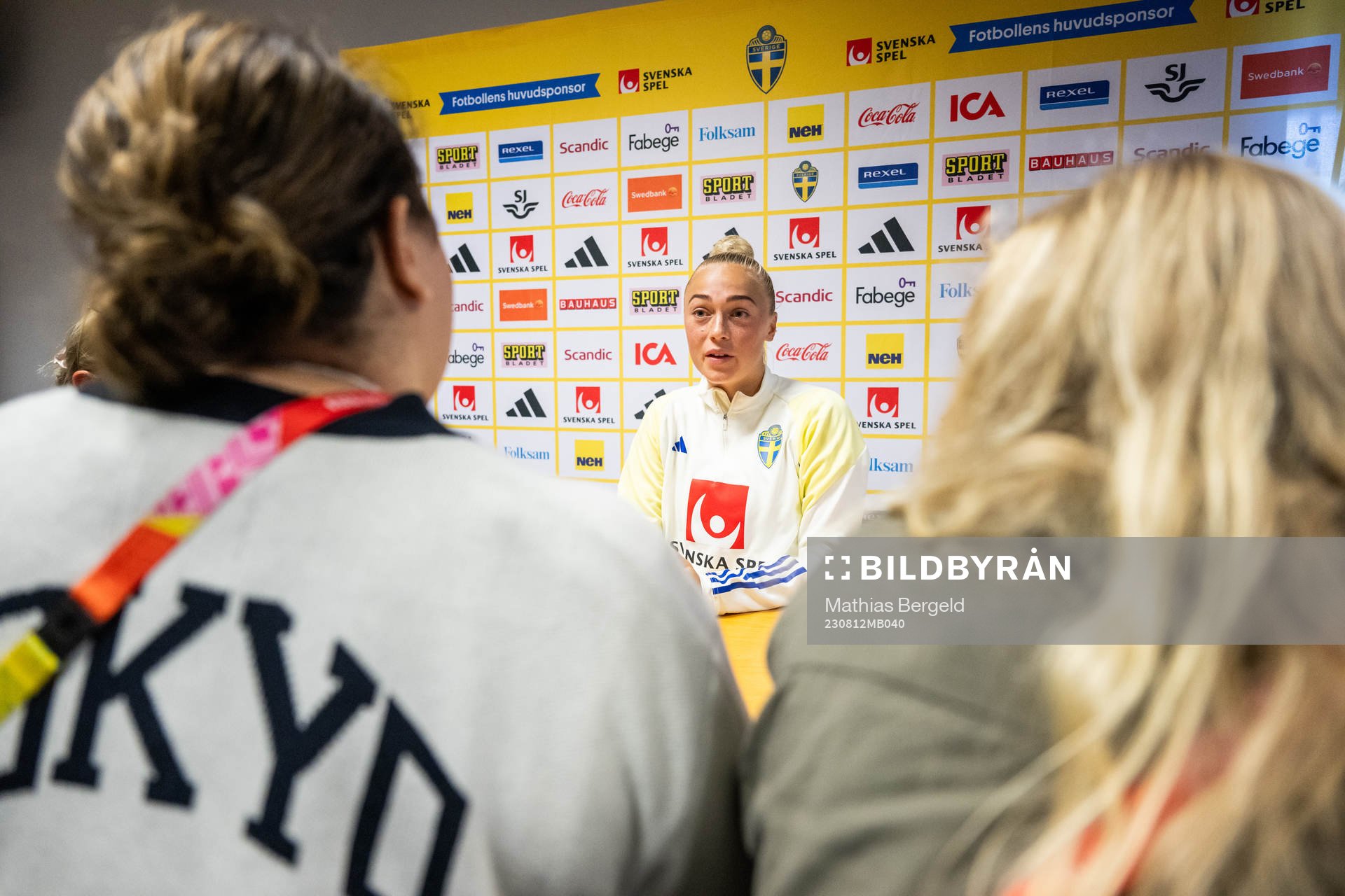 Hanna Bennison of the Swedish women's national football team is interviewed at a press event during the FIFA Women's World Cup on August 12, 2023 in Auckland. 