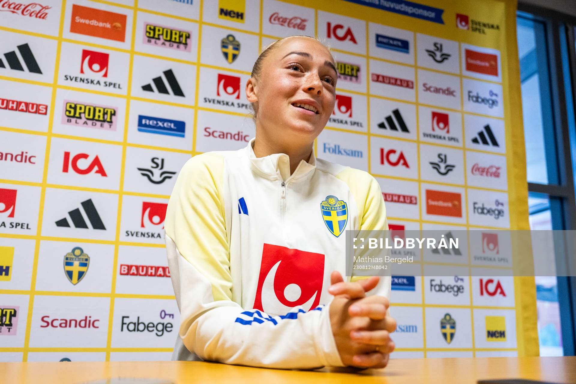 Hanna Bennison of the Swedish women's national football team is interviewed at a press event during the FIFA Women's World Cup on August 12, 2023 in Auckland.