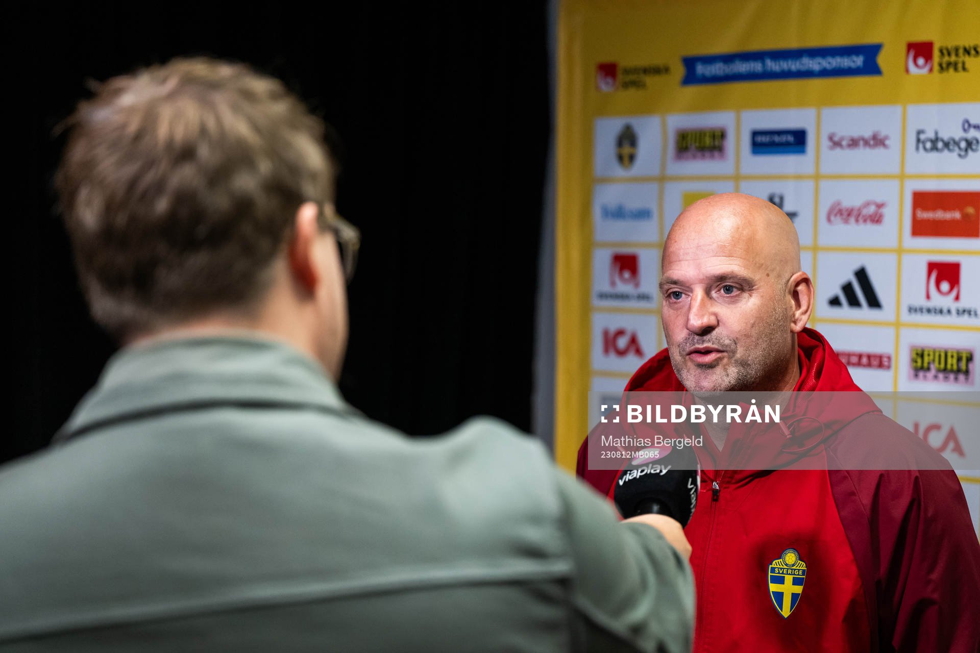 Assistant coach Magnus Wikman of the Swedish women's national football team is interviewed at a press event during the FIFA Women's World Cup on August 12, 2023 in Auckland.