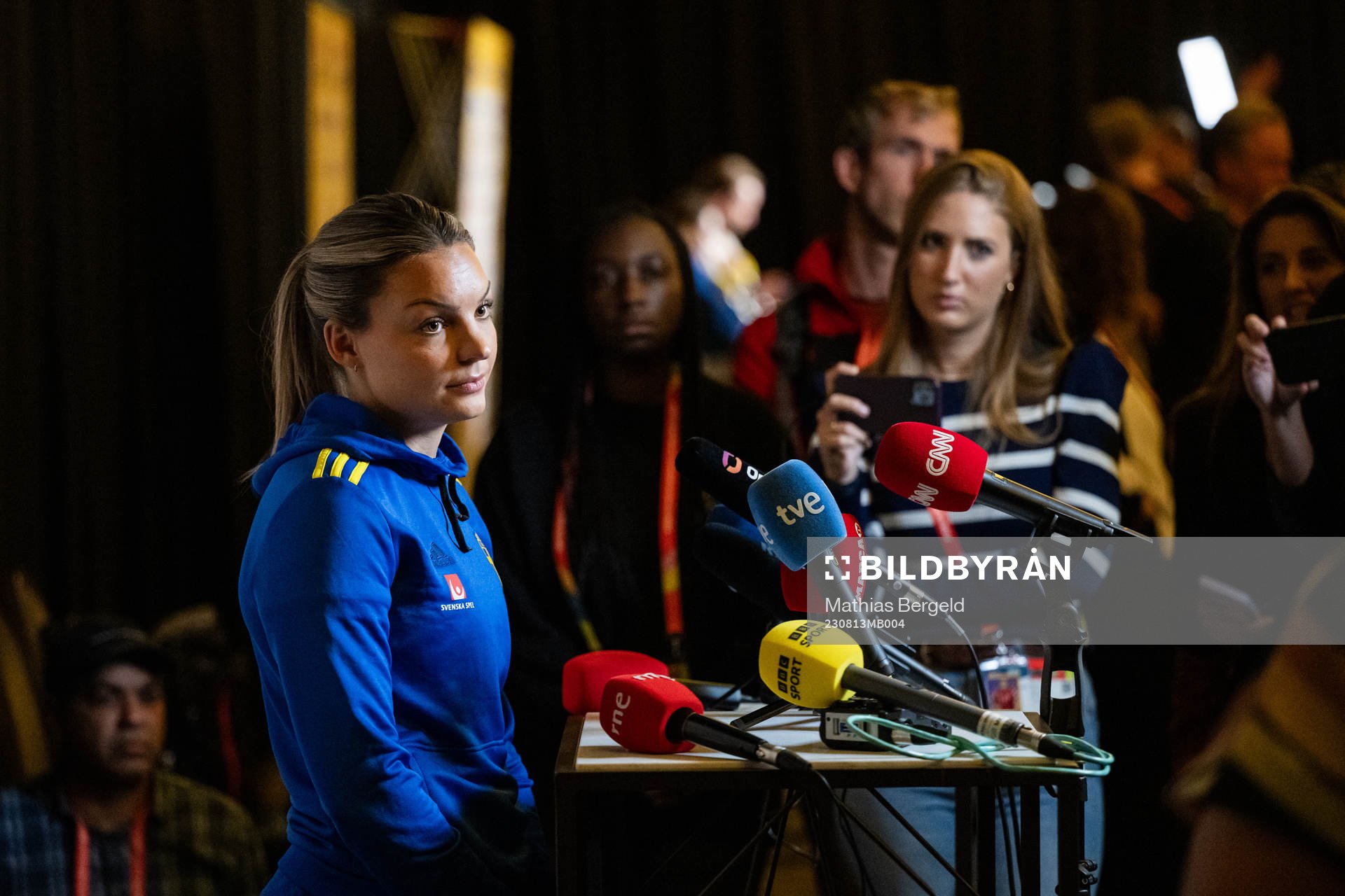 Johanna Rytting Kaneryd of the Swedish women's national football team is interviewed at a press event during the FIFA Women's World Cup on August 13, 2023 in Auckland. 