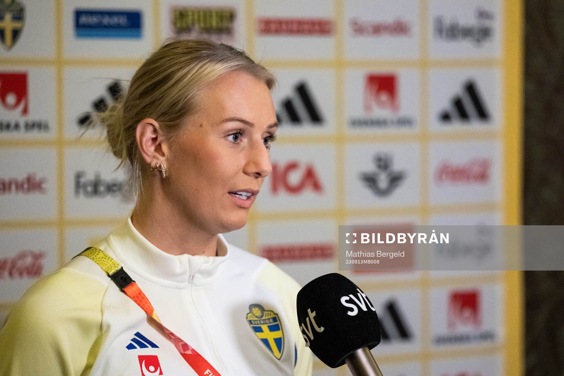 Stina Blackstenius of the Swedish women's national football team is interviewed at a press event during the FIFA Women's World Cup on August 13, 2023 in Auckland.