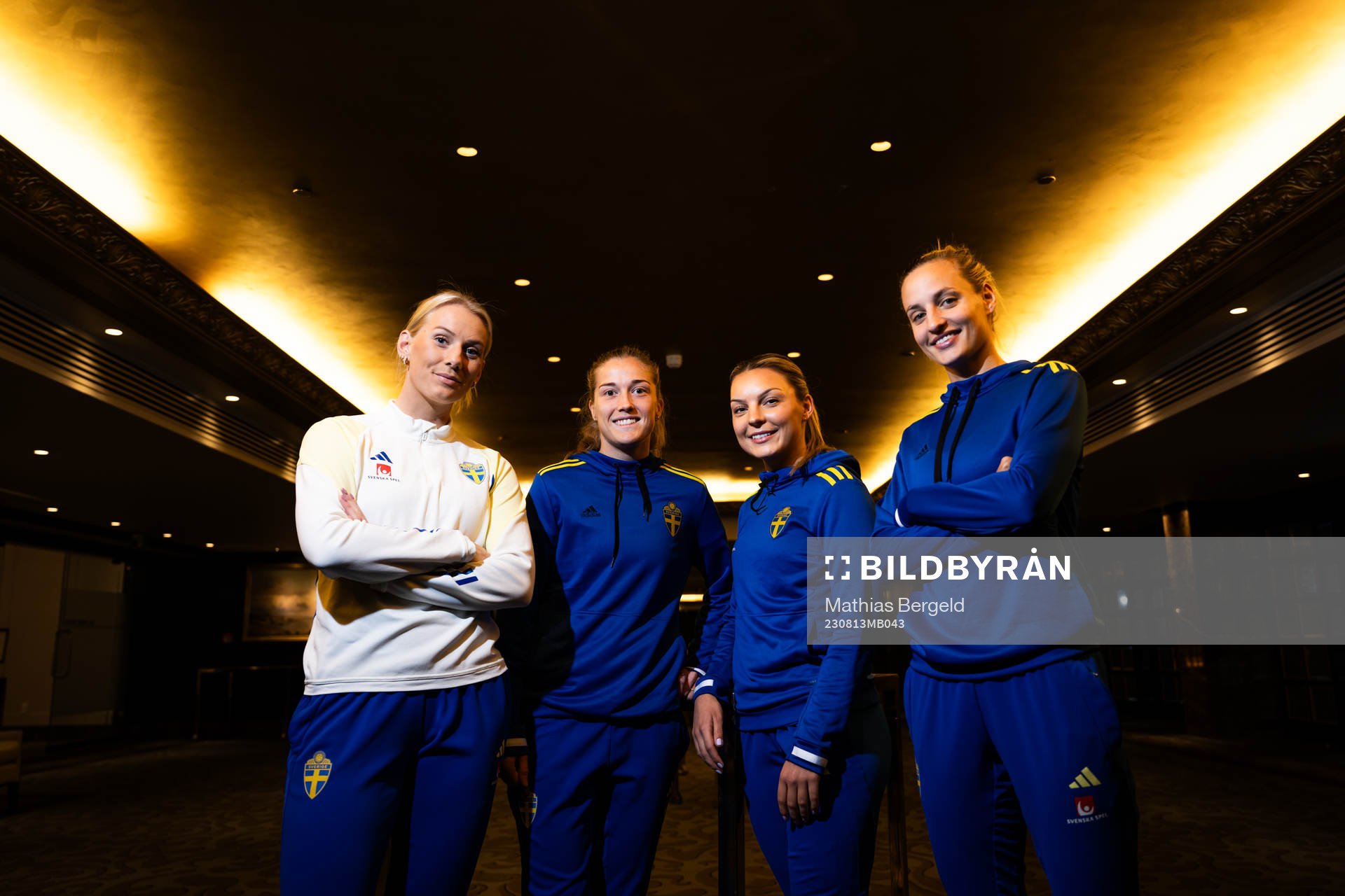 Stina Blackstenius, Filippa Angeldahl, Johanna Rytting Kaneryd and Nathalie Björn of the Swedish women's national football team pose for a picture at a press event during the FIFA Women's World Cup on August 13, 2023 in Auckland.