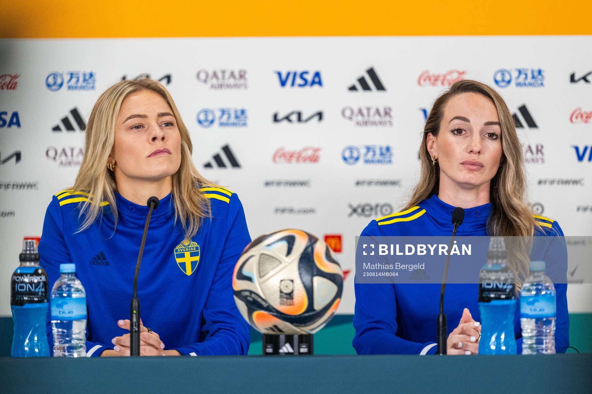Fridolina Rolfö and Kosovare Asllani of the Swedish women's national football team at a press conference during the FIFA Women's World Cup on August 14, 2023 in Auckland.