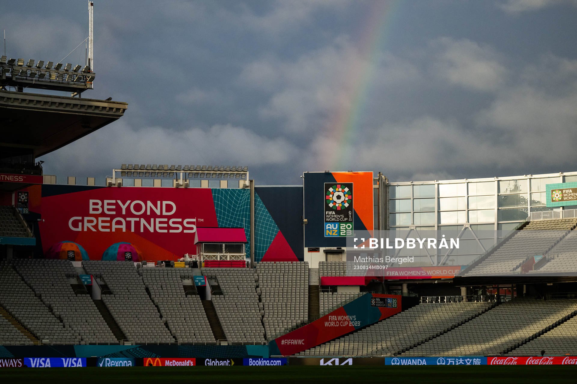A rainbow is seen over Eden Park after a press conference with the Swedish women's national football team during the FIFA Women's World Cup on August 14, 2023 in Auckland.