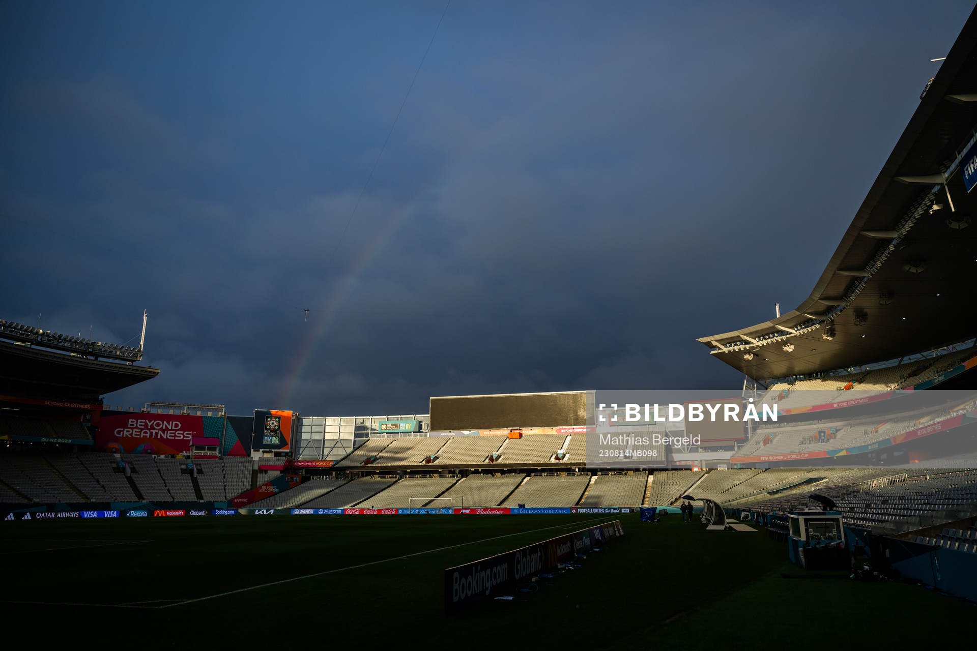A rainbow is seen over Eden Park after a press conference with the Swedish women's national football team during the FIFA Women's World Cup on August 14, 2023 in Auckland.