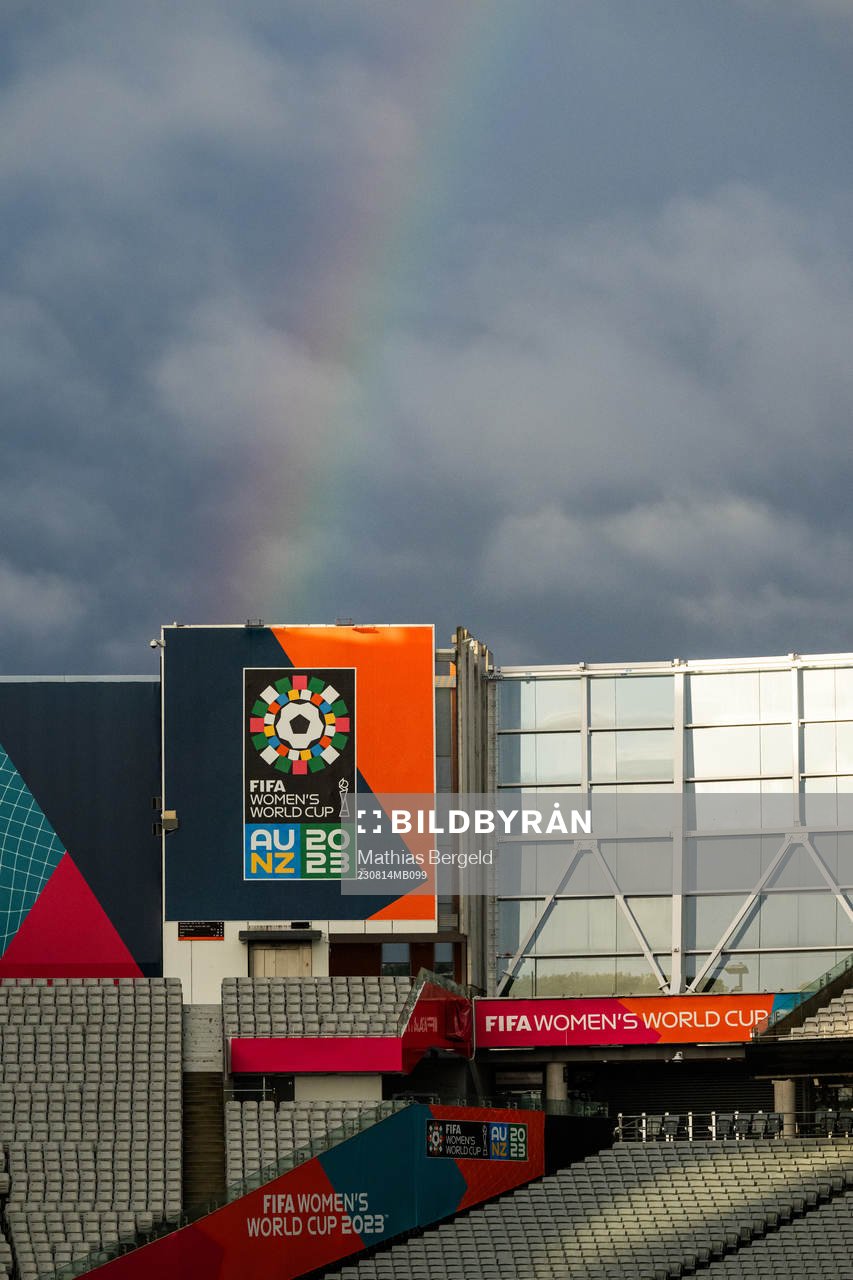 A rainbow is seen over Eden Park after a press conference with the Swedish women's national football team during the FIFA Women's World Cup on August 14, 2023 in Auckland.