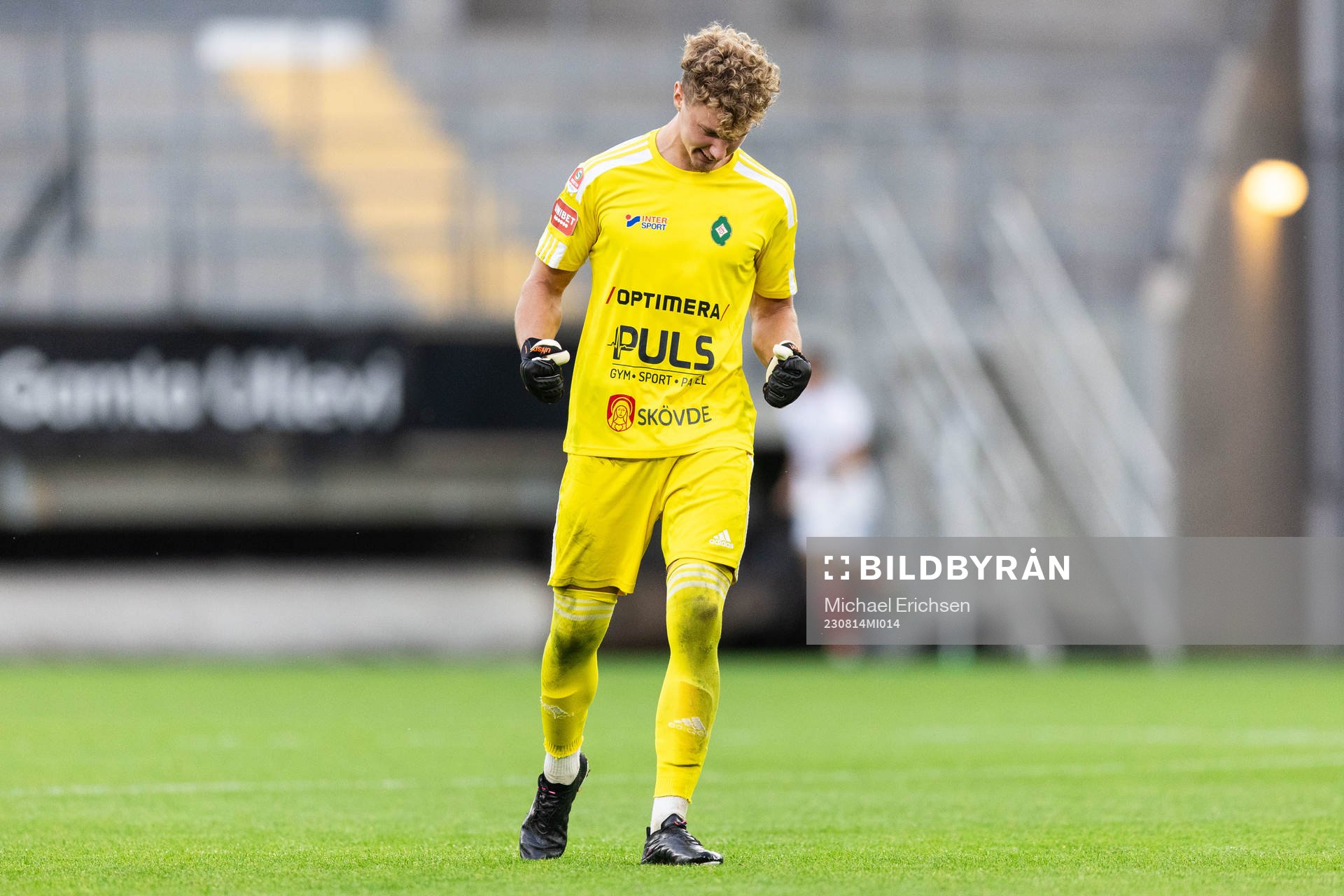 Skövde AIKs målvakt Otto Lindell jublar efter 0-2 under fotbollsmatchen i Superettan mellan Örgryte och Skövde AIK den 14 augusti 2023 i Göteborg.