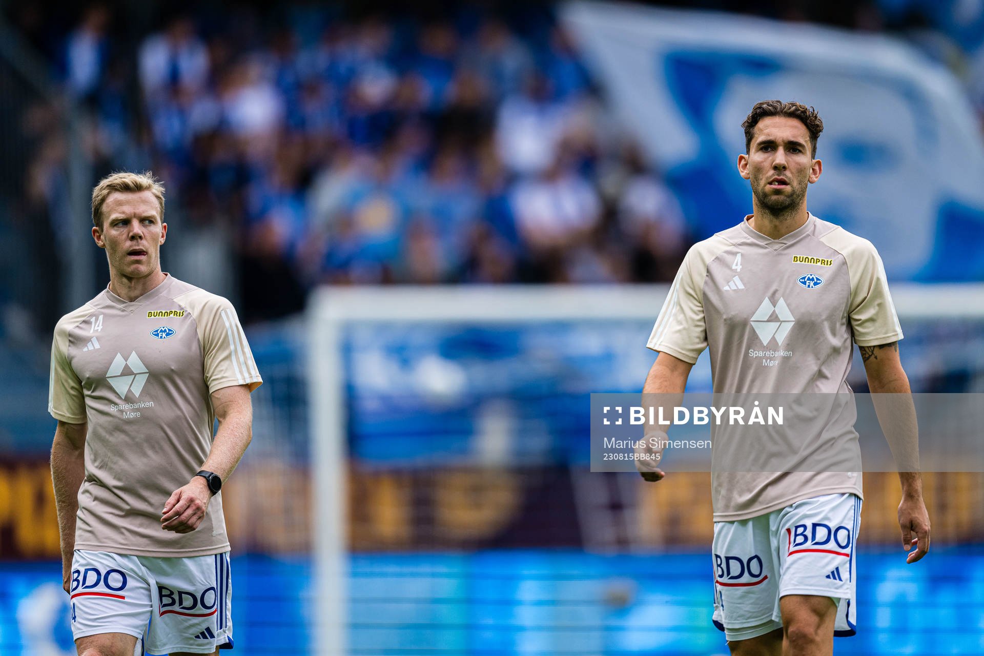 Erling Knudtzon and Benjamin Tiedemann Hansen of Molde ahead of the UEFA Champions League Qualifying match between Molde and Klaksvík on August 15, 2023 in Molde.
