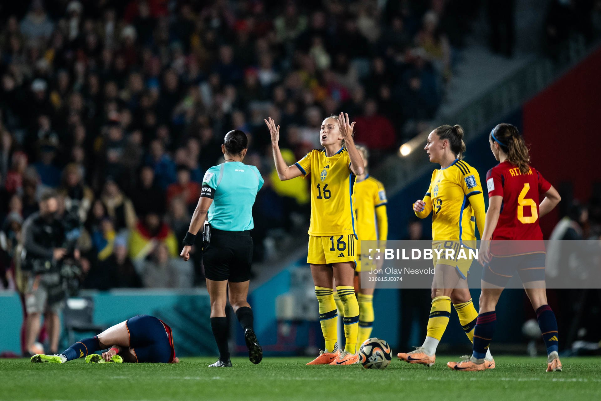 Filippa Angeldahl of Sweden reacts towards referee Edina