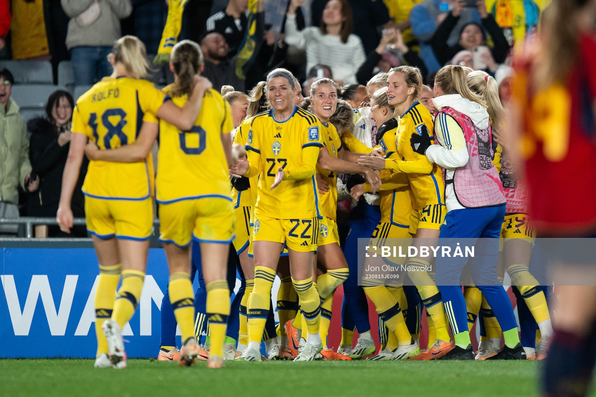 Rebecka Blomqvist of Sweden celebrate with teammates
