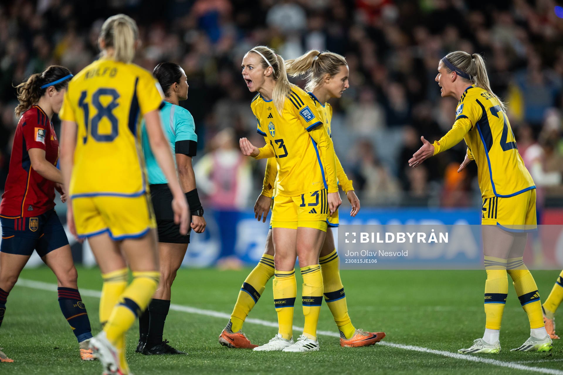 Amanda Ilestedt of Sweden reacts towards referee Edina Alves