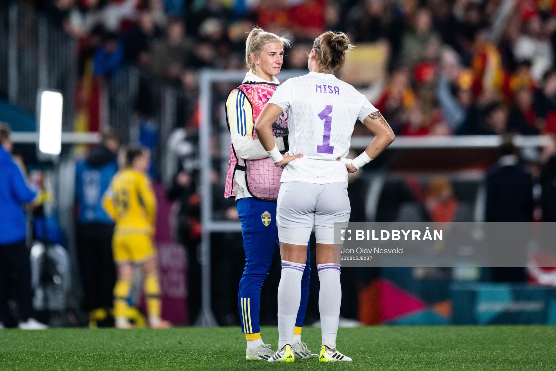 Sofia Jakobsson of Sweden and goalkeeper Misa Rodriguez of