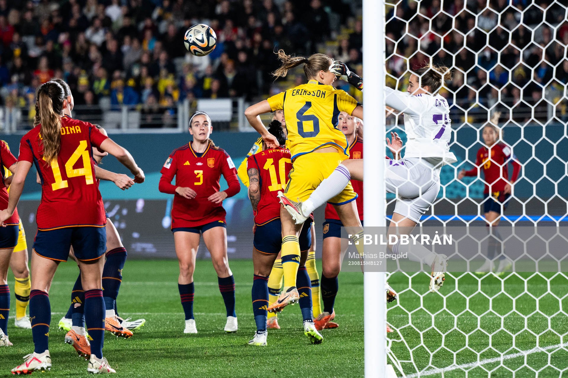 Magdalena Eriksson of Sweden and goalkeeper Cata Coll of