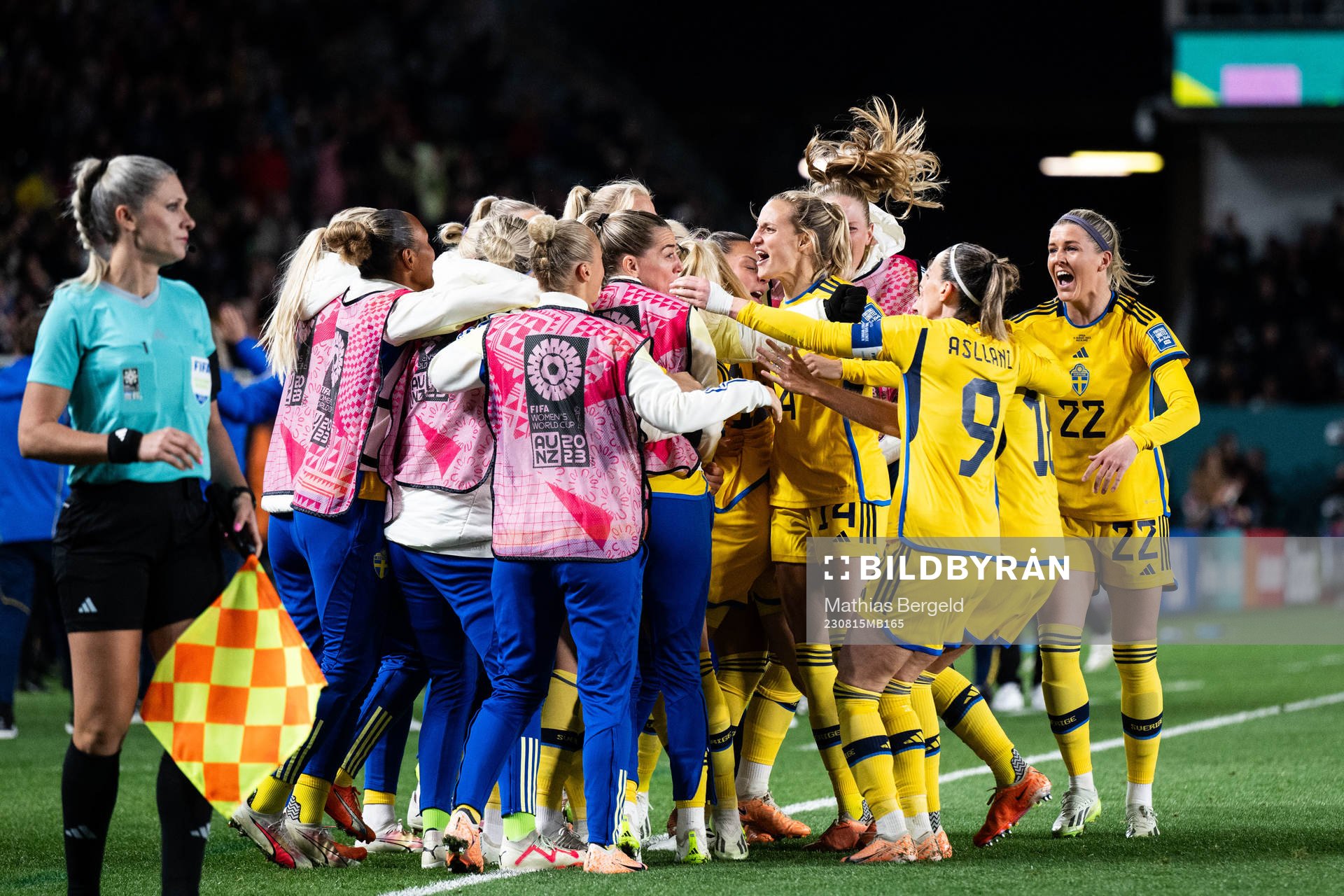 Rebecka Blomqvist of Sweden celebrates with  team mates