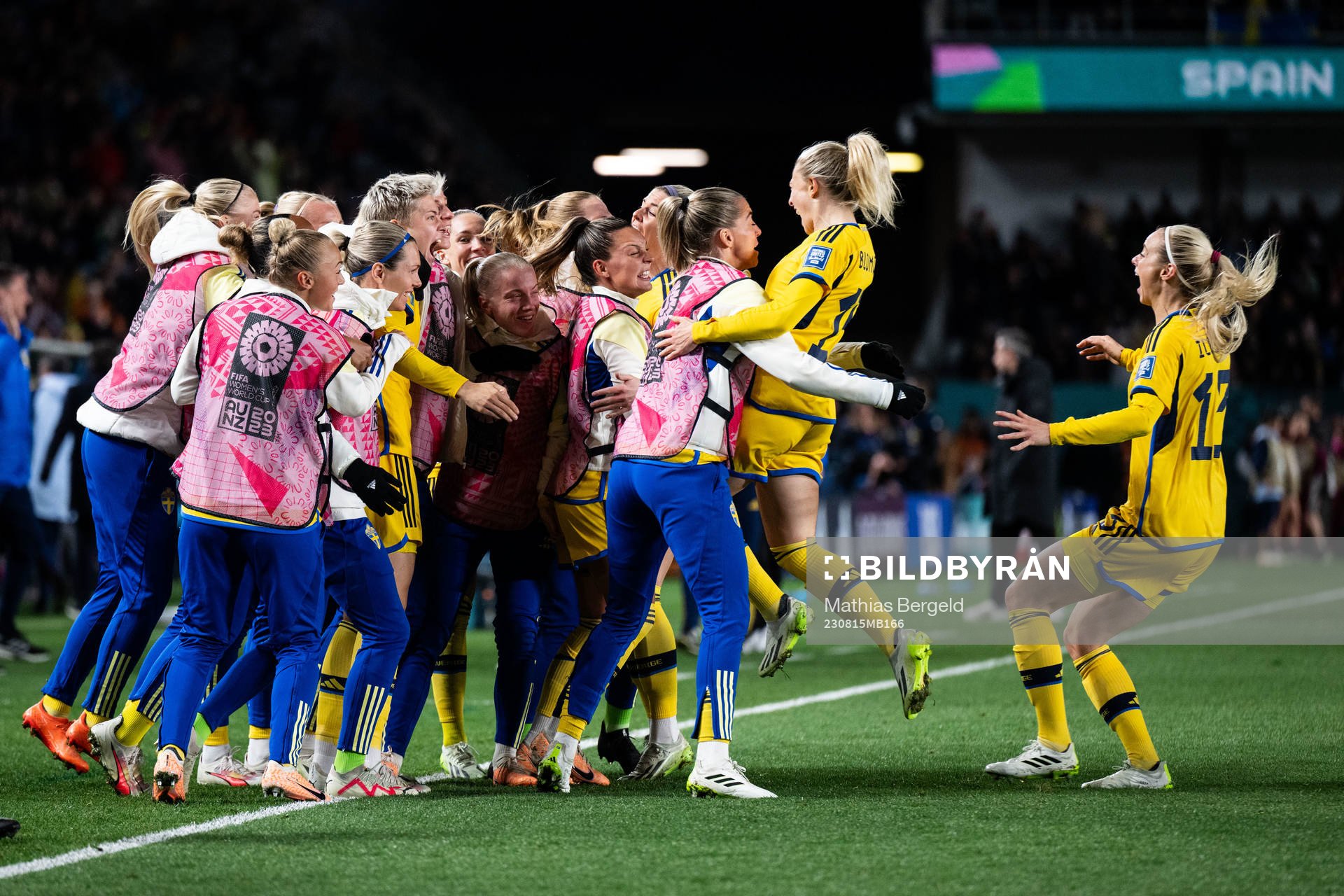 Rebecka Blomqvist of Sweden celebrates with  team mates