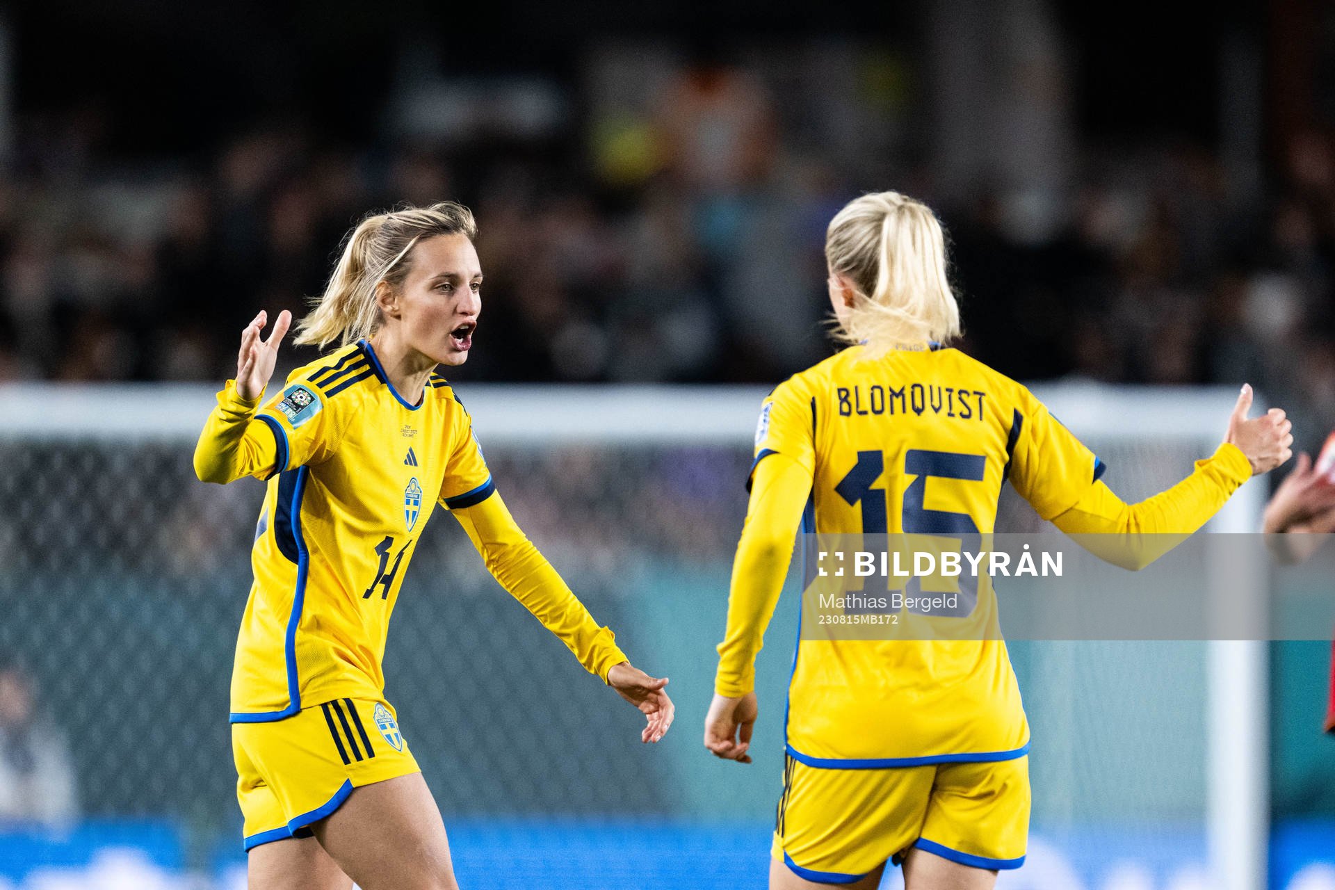 Rebecka Blomqvist of Sweden celebrates with  Nathalie Björn