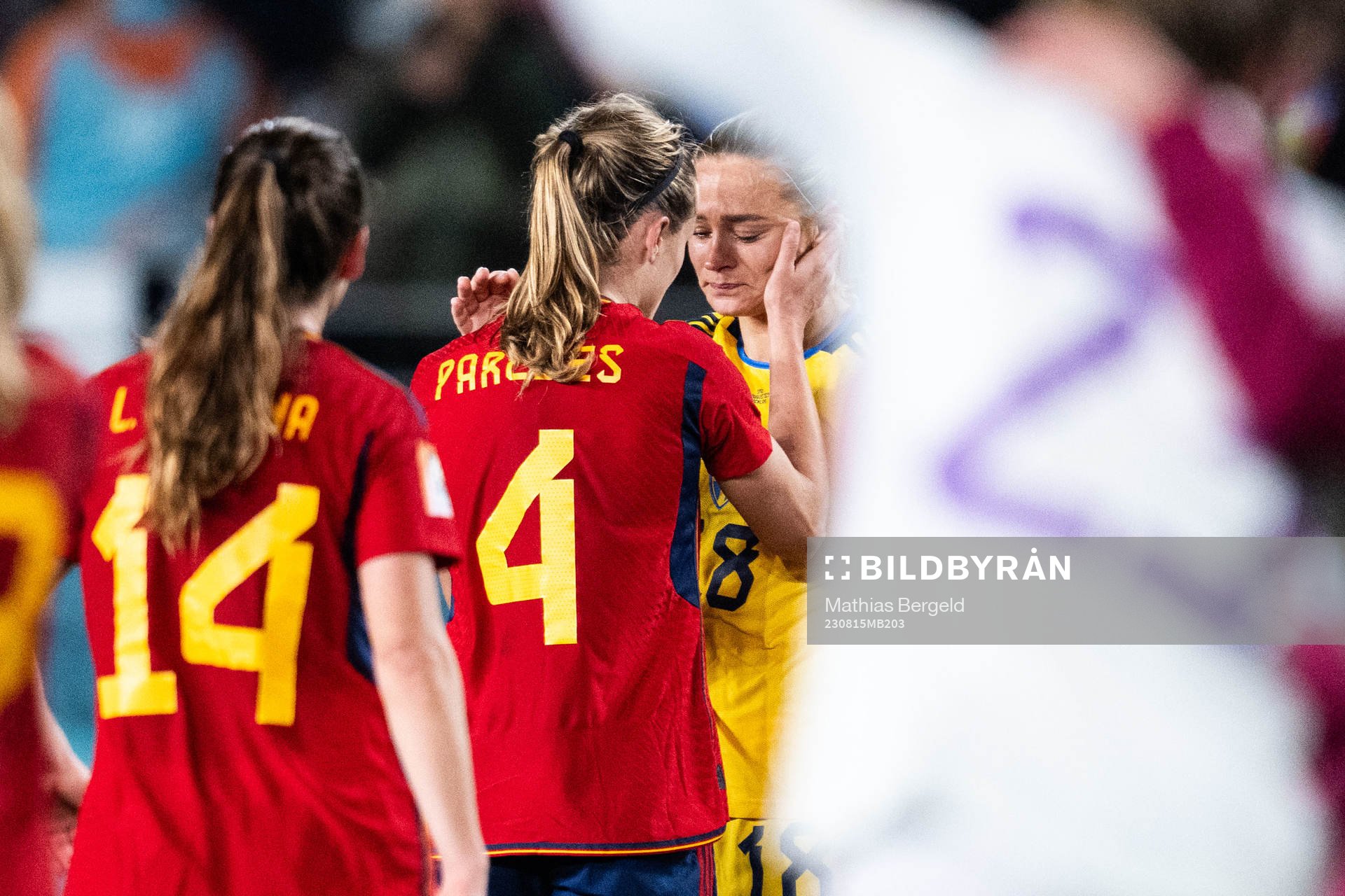 Irene Paredes of Spain consoles Fridolina Rolfö of Sweden